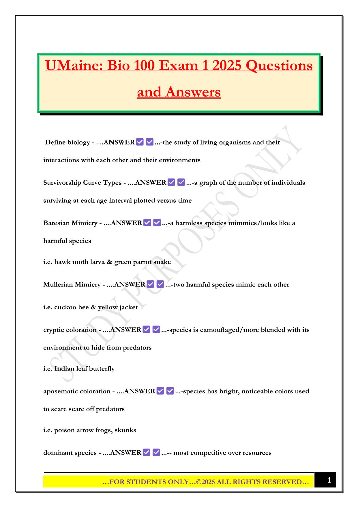 UMaine: Bio 100 Exam 1 2025 Questions and Answers
