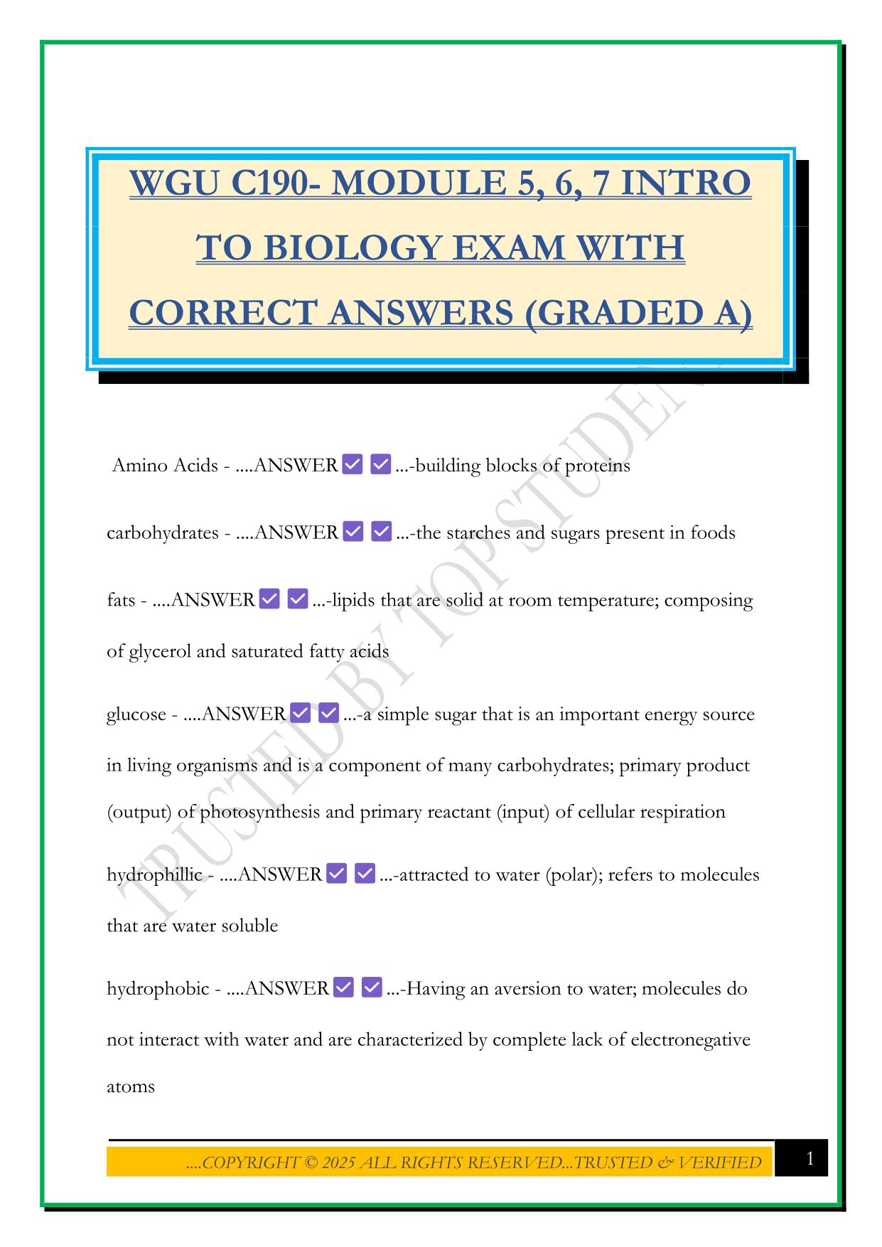 WGU C190- MODULE 5, 6, 7 INTRO TO BIOLOGY EXAM WITH CORRECT ANSWERS (GRADED A)