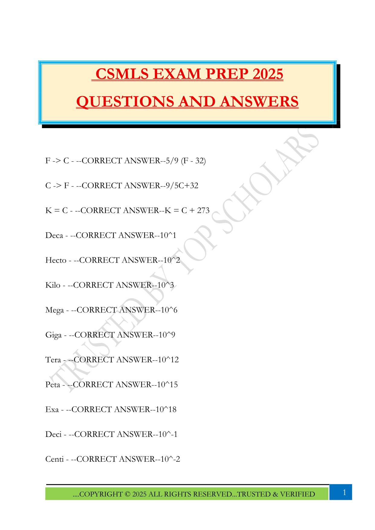 CSMLS EXAM PREP 2025 QUESTIONS AND ANSWERS