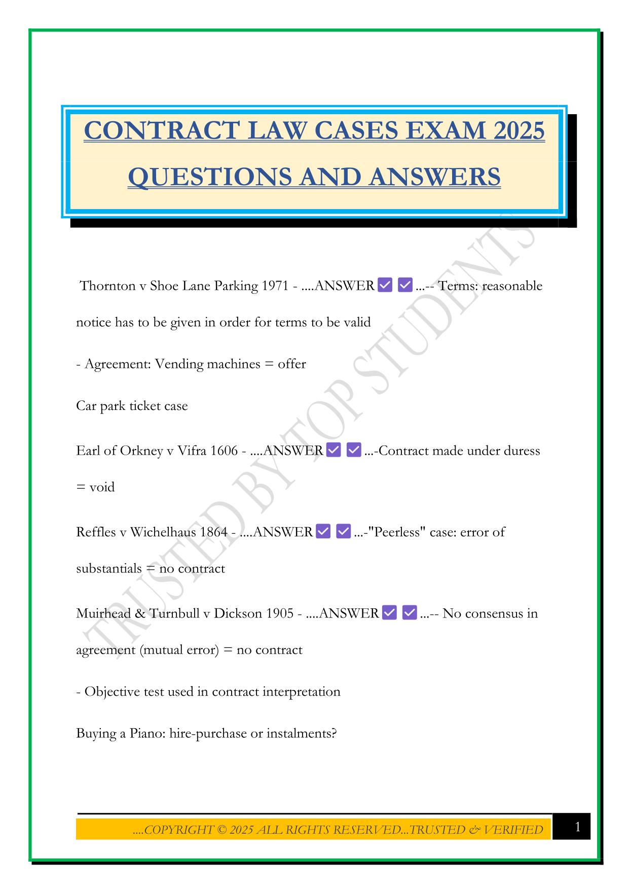 CONTRACT LAW CASES EXAM 2025 QUESTIONS AND ANSWERS