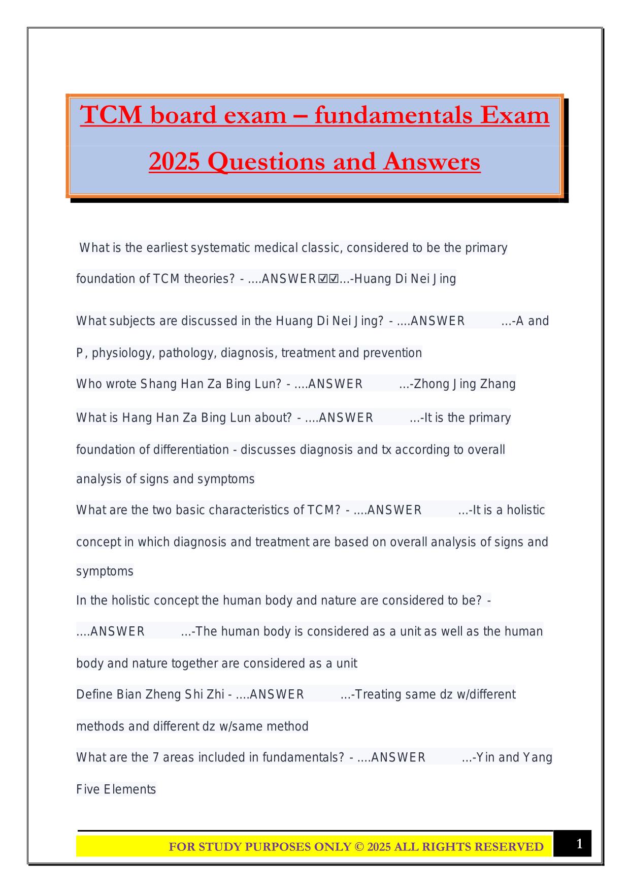 TCM board exam – fundamentals Exam 2025 Questions and Answers