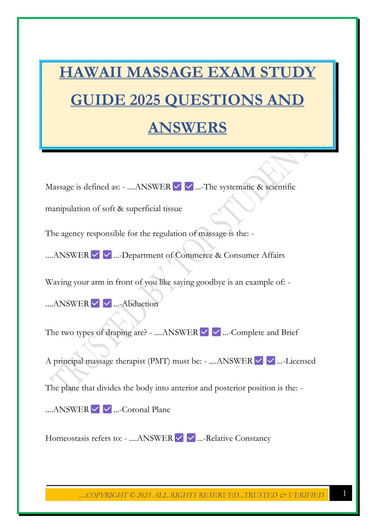HAWAII MASSAGE EXAM STUDY GUIDE 2025 QUESTIONS AND ANSWERS