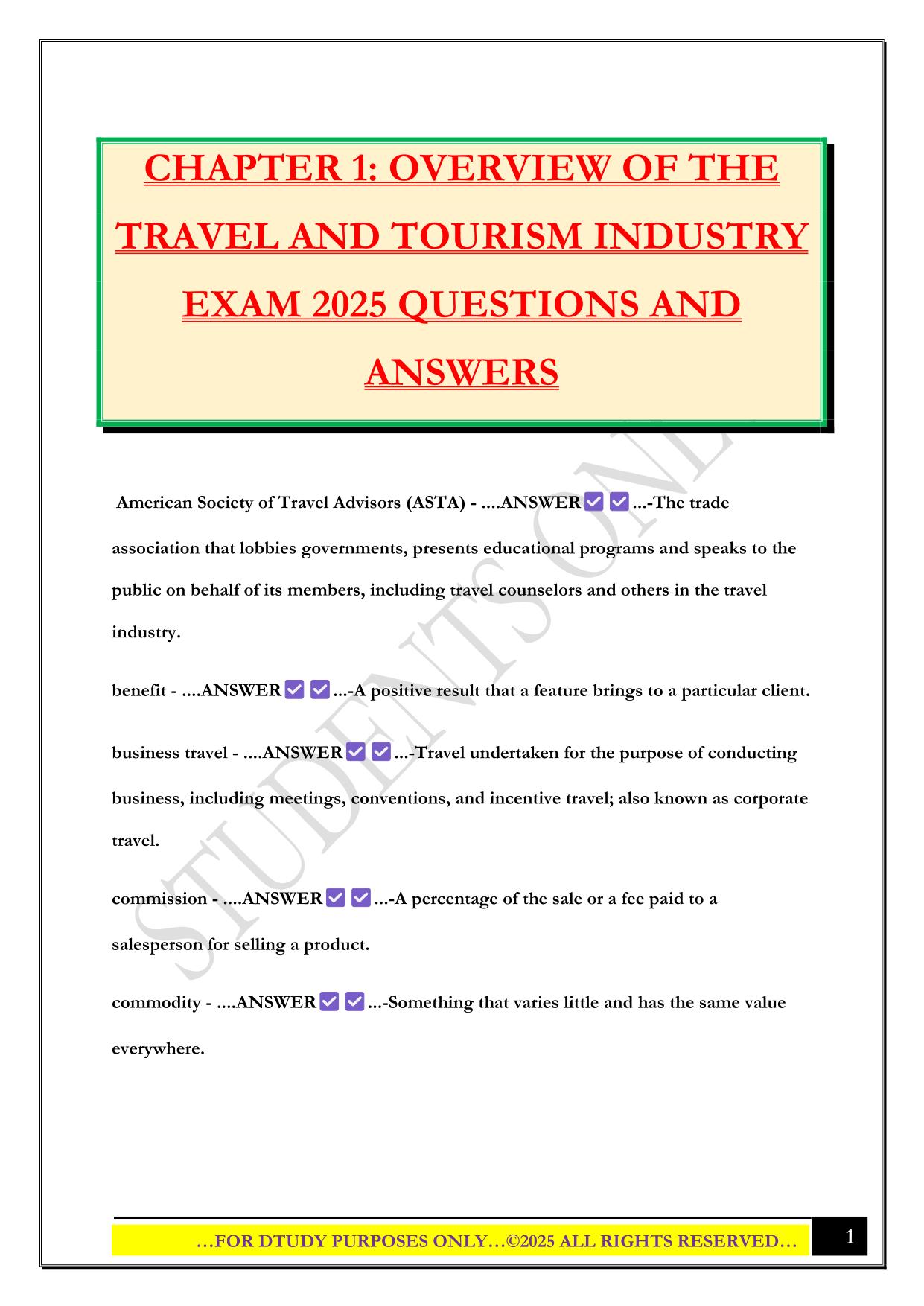 CHAPTER 1: OVERVIEW OF THE TRAVEL AND TOURISM INDUSTRY EXAM 2025 QUESTIONS AND ANSWERS