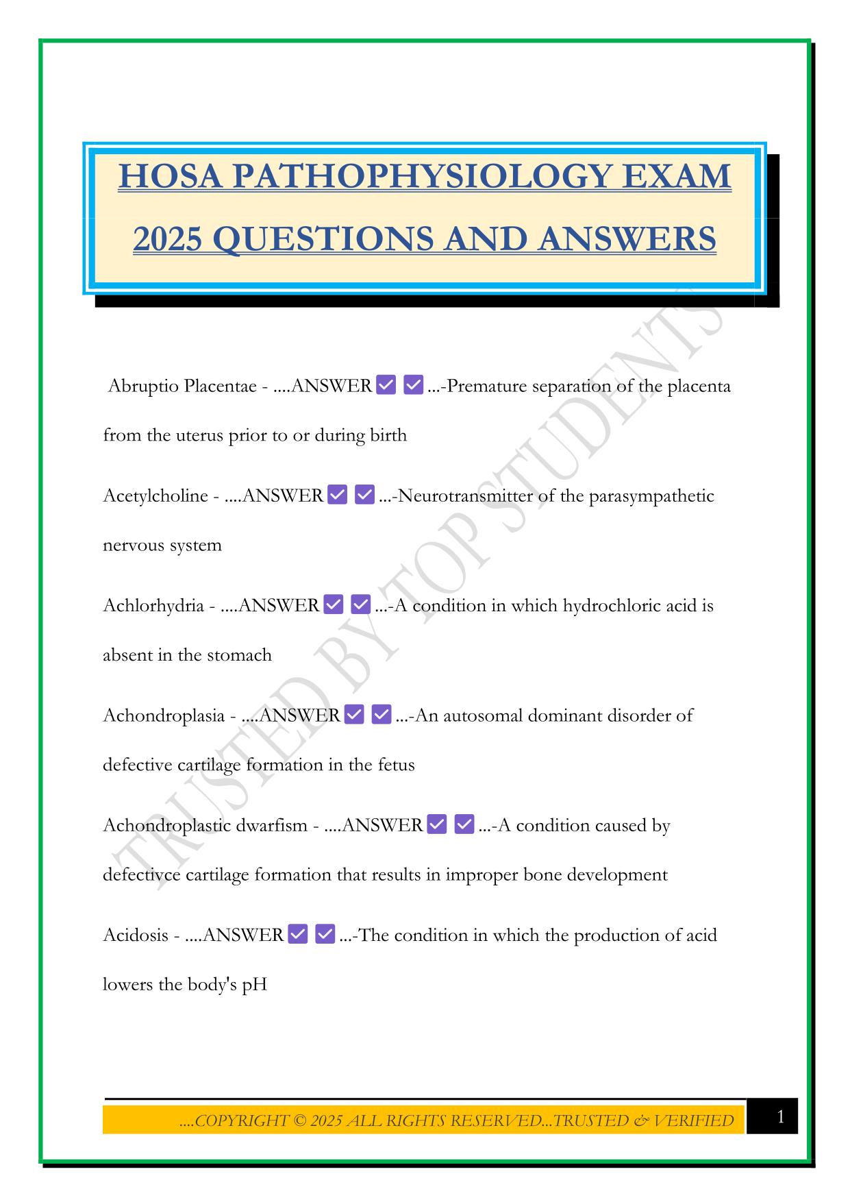 HOSA PATHOPHYSIOLOGY EXAM 2025 QUESTIONS AND ANSWERS