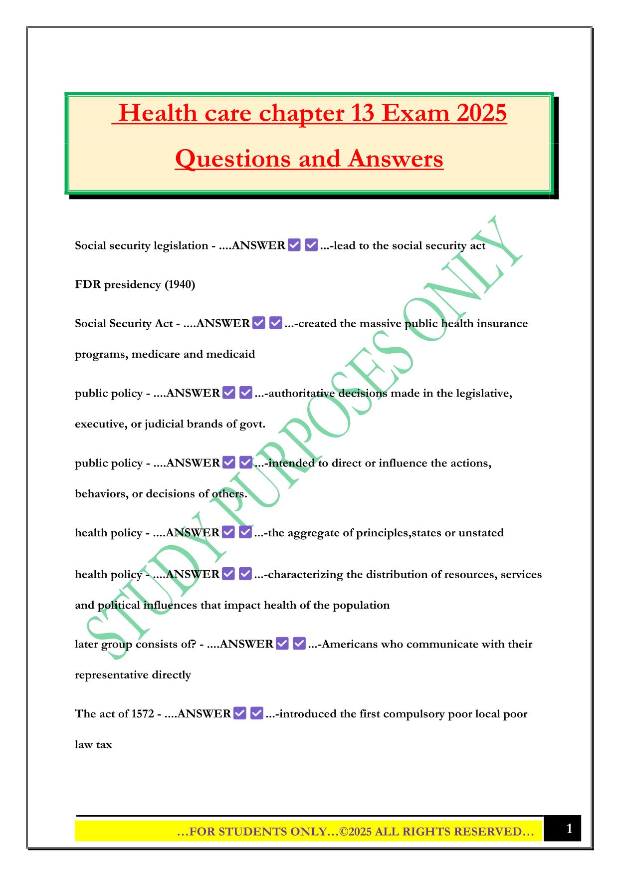 Health care chapter 13 Exam 2025 Questions and Answers