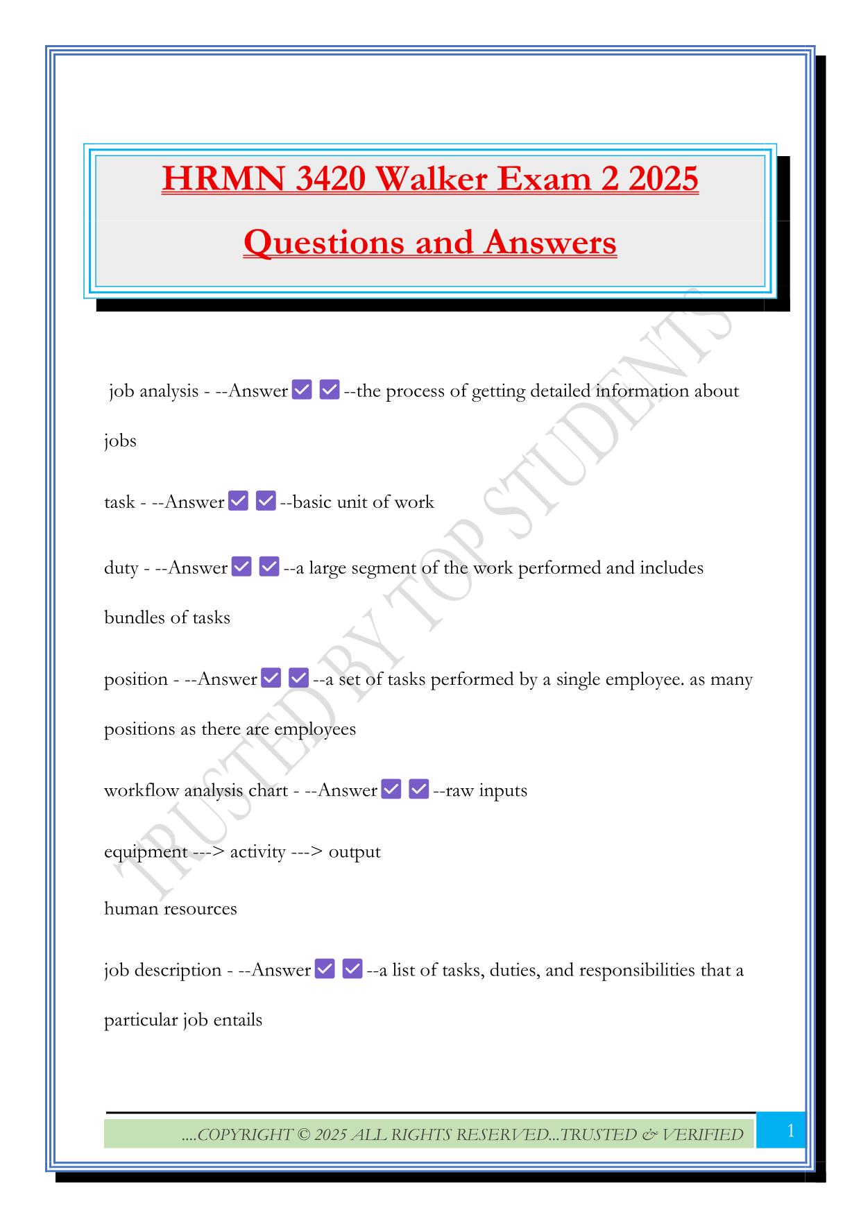 HRMN 3420 Walker Exam 2 2025 Questions and Answers