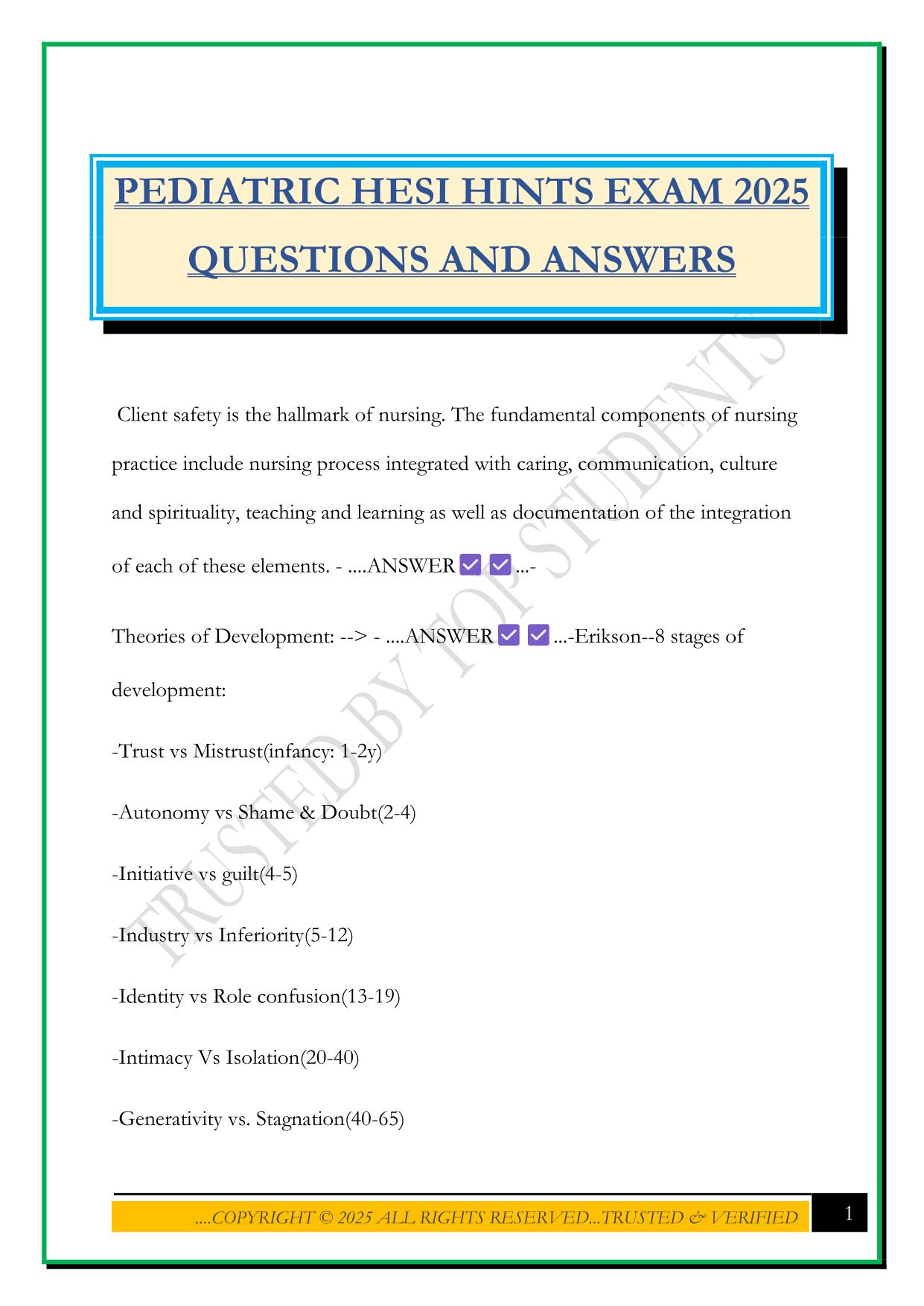 PEDIATRIC HESI Bundled Exams Questions and Answers |100% Pass |Verified and Updated
