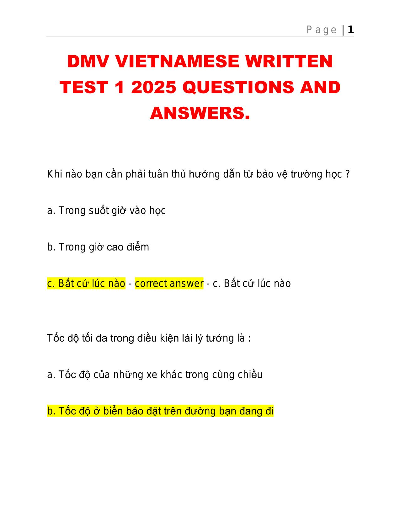 DMV VIETNAMESE WRITTEN TEST 1 2025 QUESTIONS AND ANSWERS.