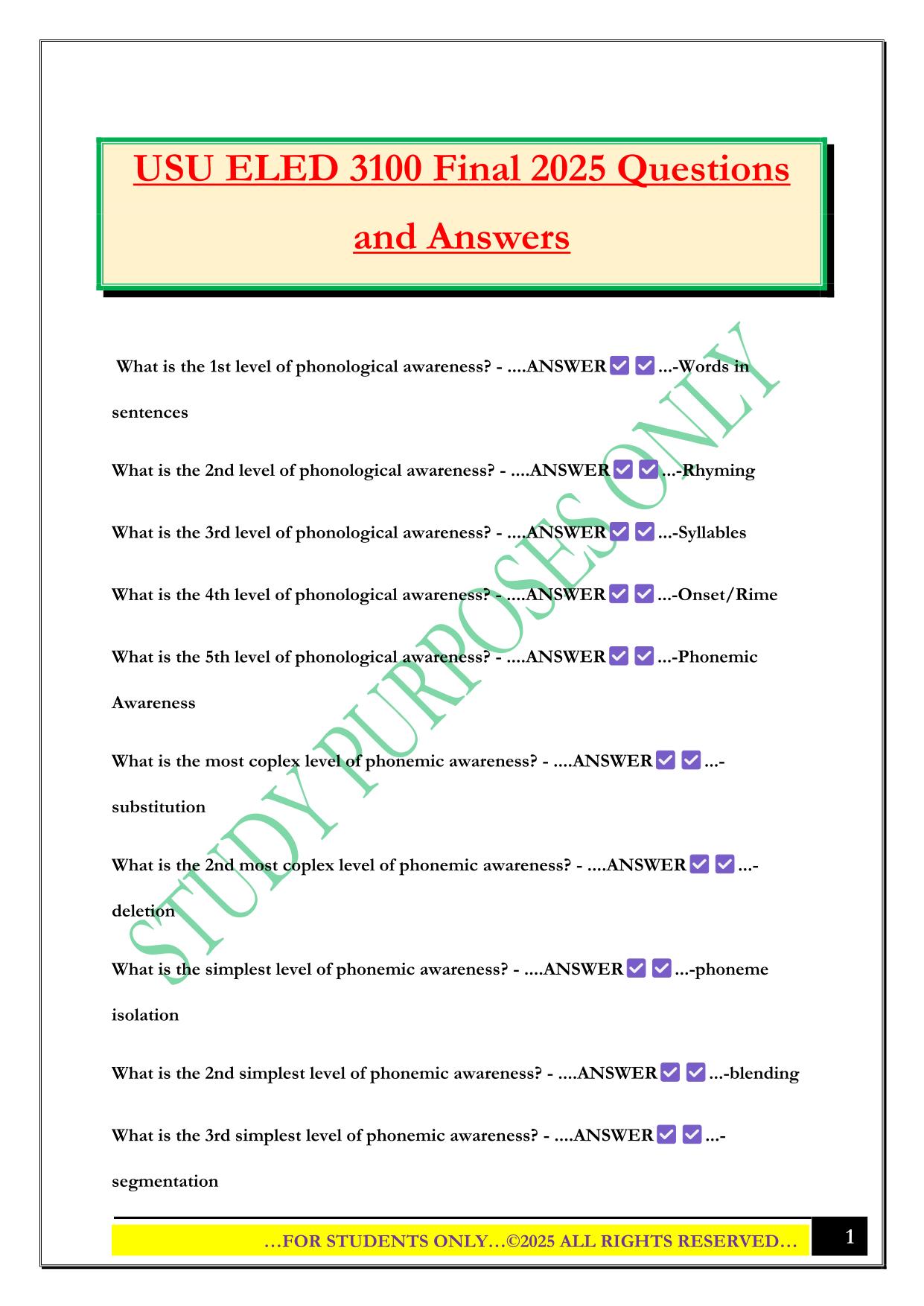 USU ELED 3100 Final 2025 Questions and Answers