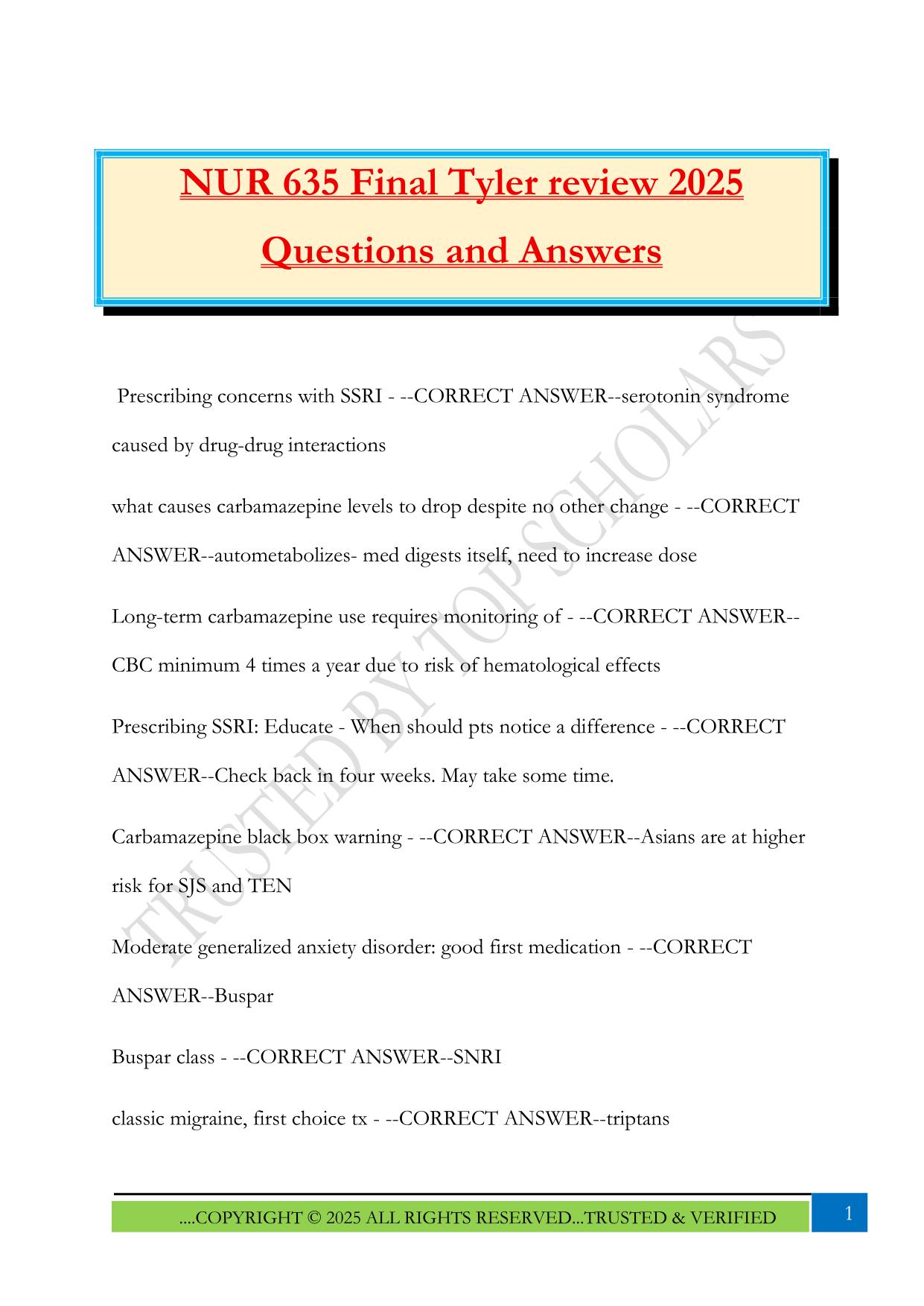 NUR 635 Final Tyler review 2025 Questions and Answers