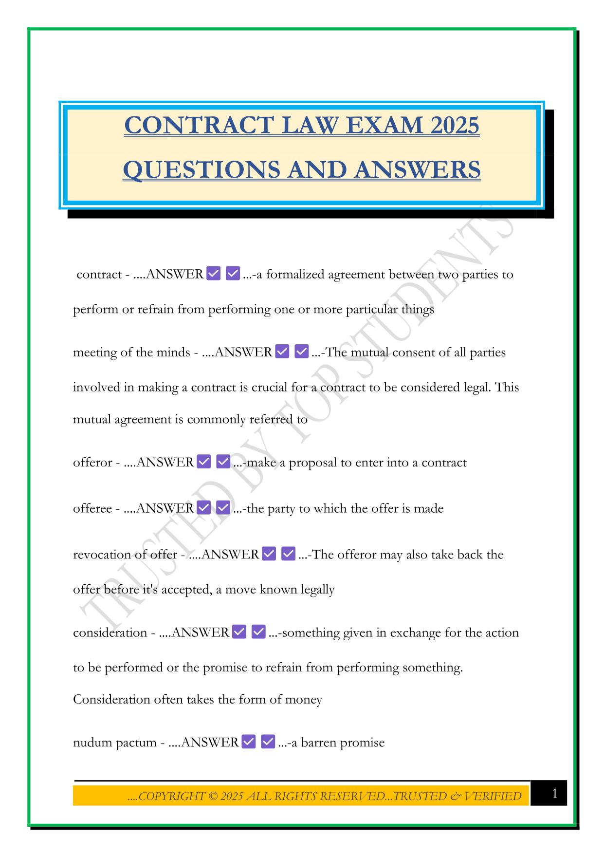 CONTRACT LAW EXAM 2025 QUESTIONS AND ANSWERS