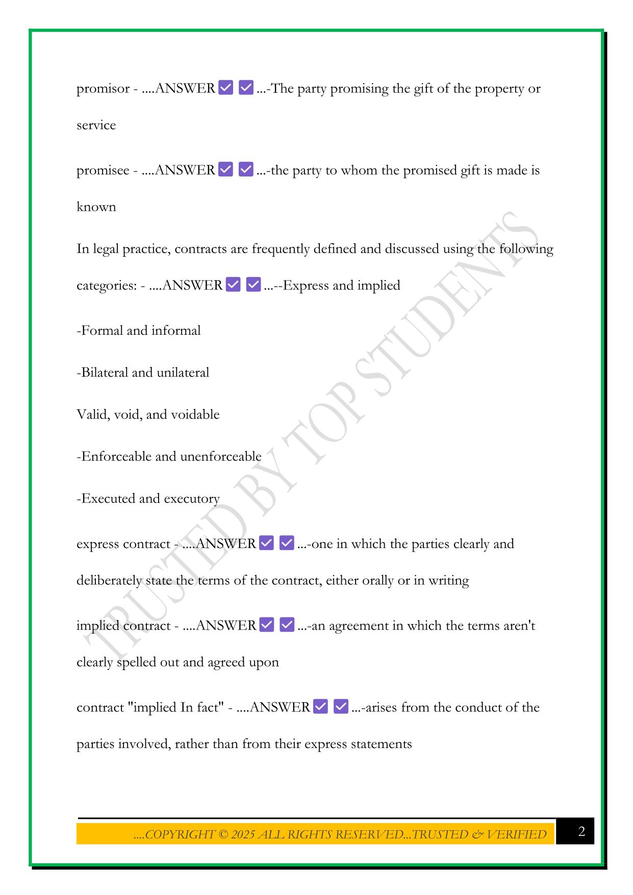 CONTRACT LAW EXAM 2025 QUESTIONS AND ANSWERS