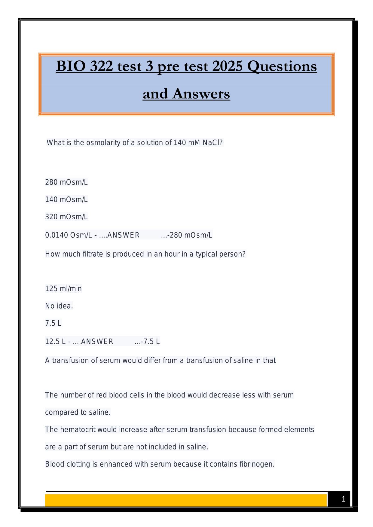 BIO 322 test 3 pre test 2025 Questions and Answers