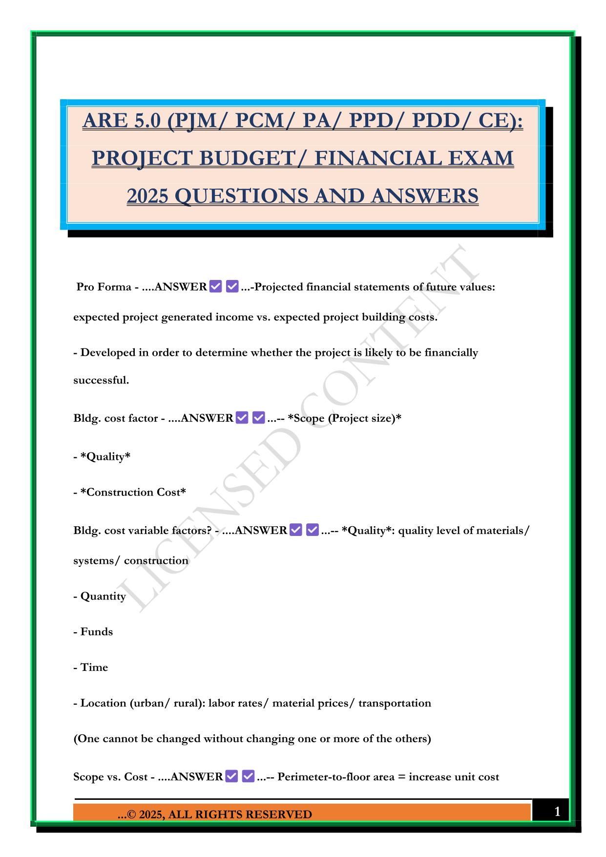 ARE 5.0 (PJM/ PCM/ PA/ PPD/ PDD/ CE): PROJECT BUDGET/ FINANCIAL EXAM 2025 QUESTIONS AND ANSWERS
