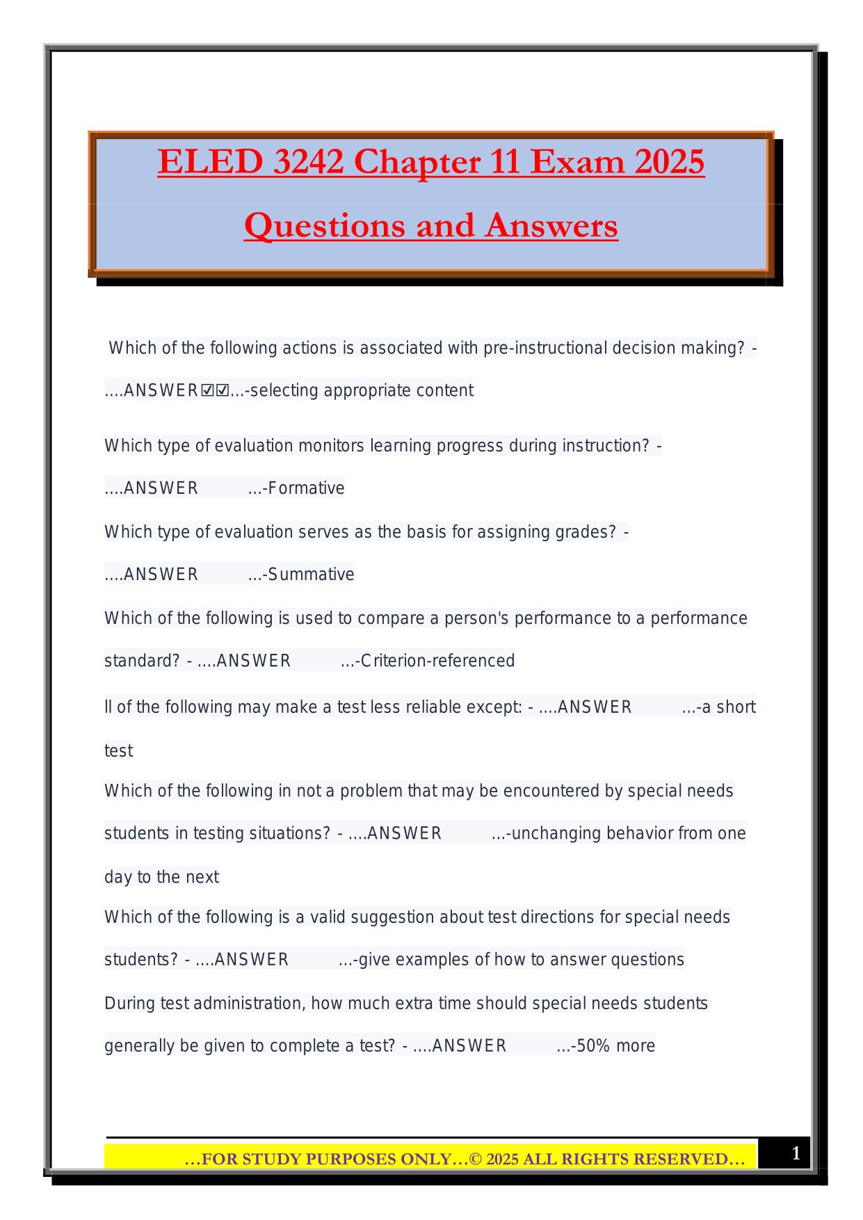 ELED 3242 Chapter 11 Exam 2025 Questions and Answers