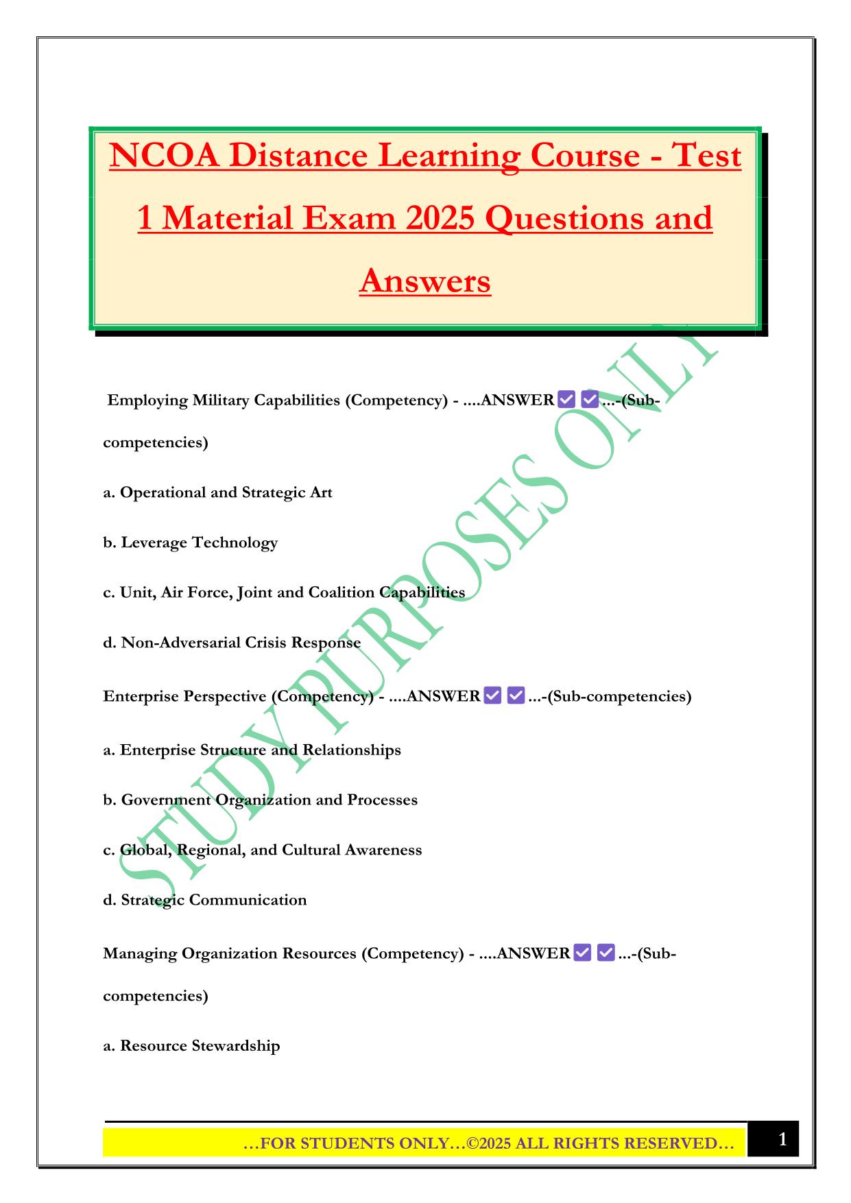 NCOA Distance Learning Course - Test 1 Material Exam 2025 Questions and Answers