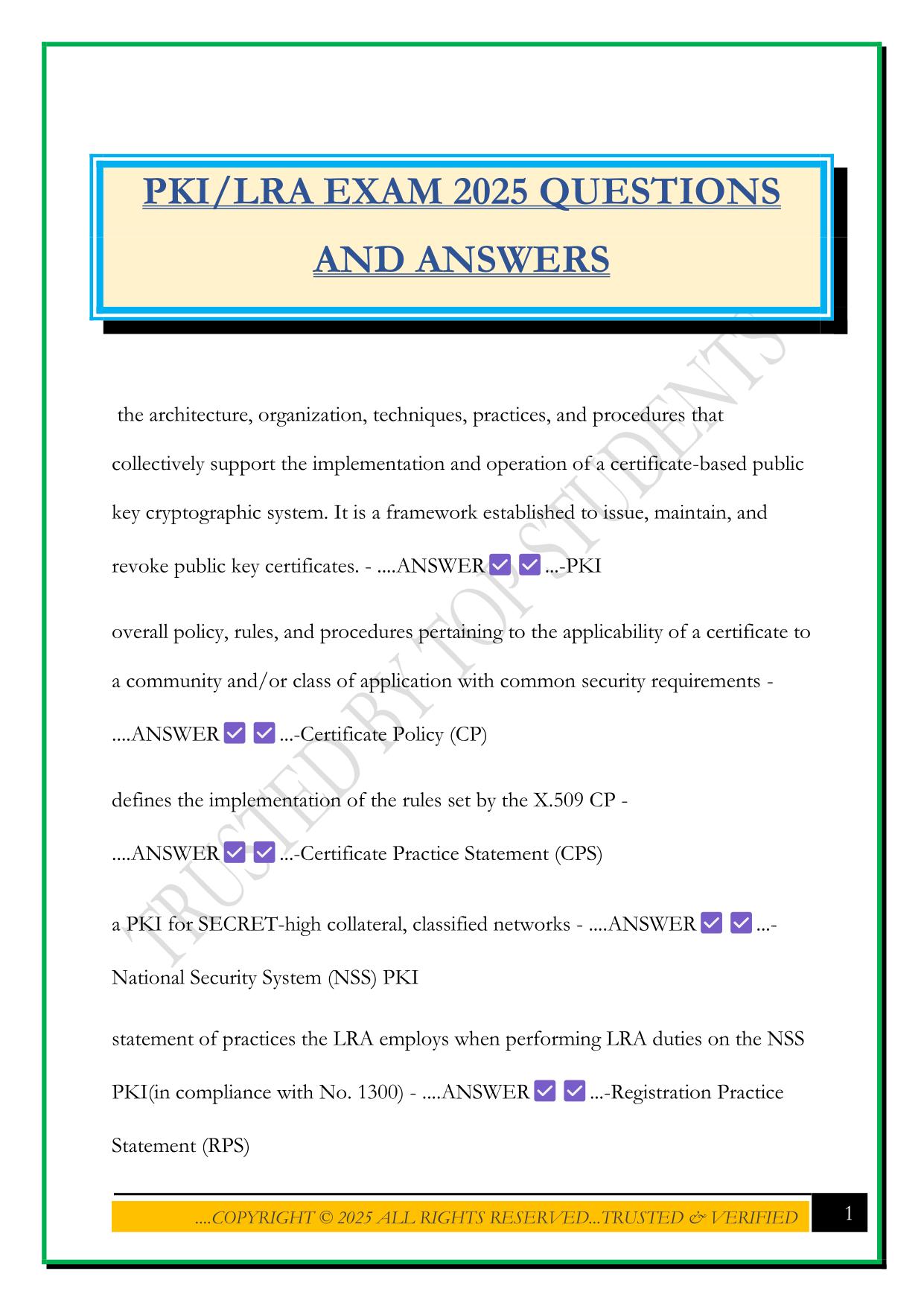 PKI/LRA EXAM 2025 QUESTIONS AND ANSWERS