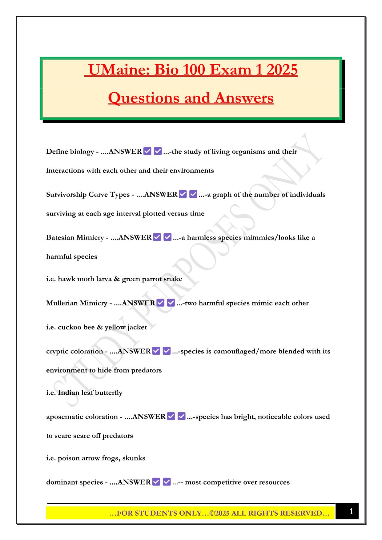 UMaine: Bio 100 Exam 1 2025 Questions and Answers