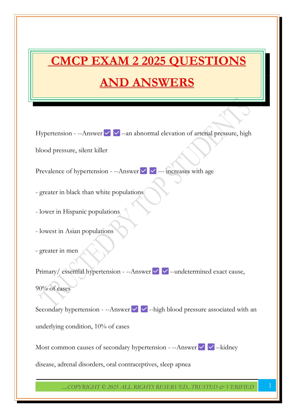 CMCP EXAM 2 2025 QUESTIONS AND ANSWERS