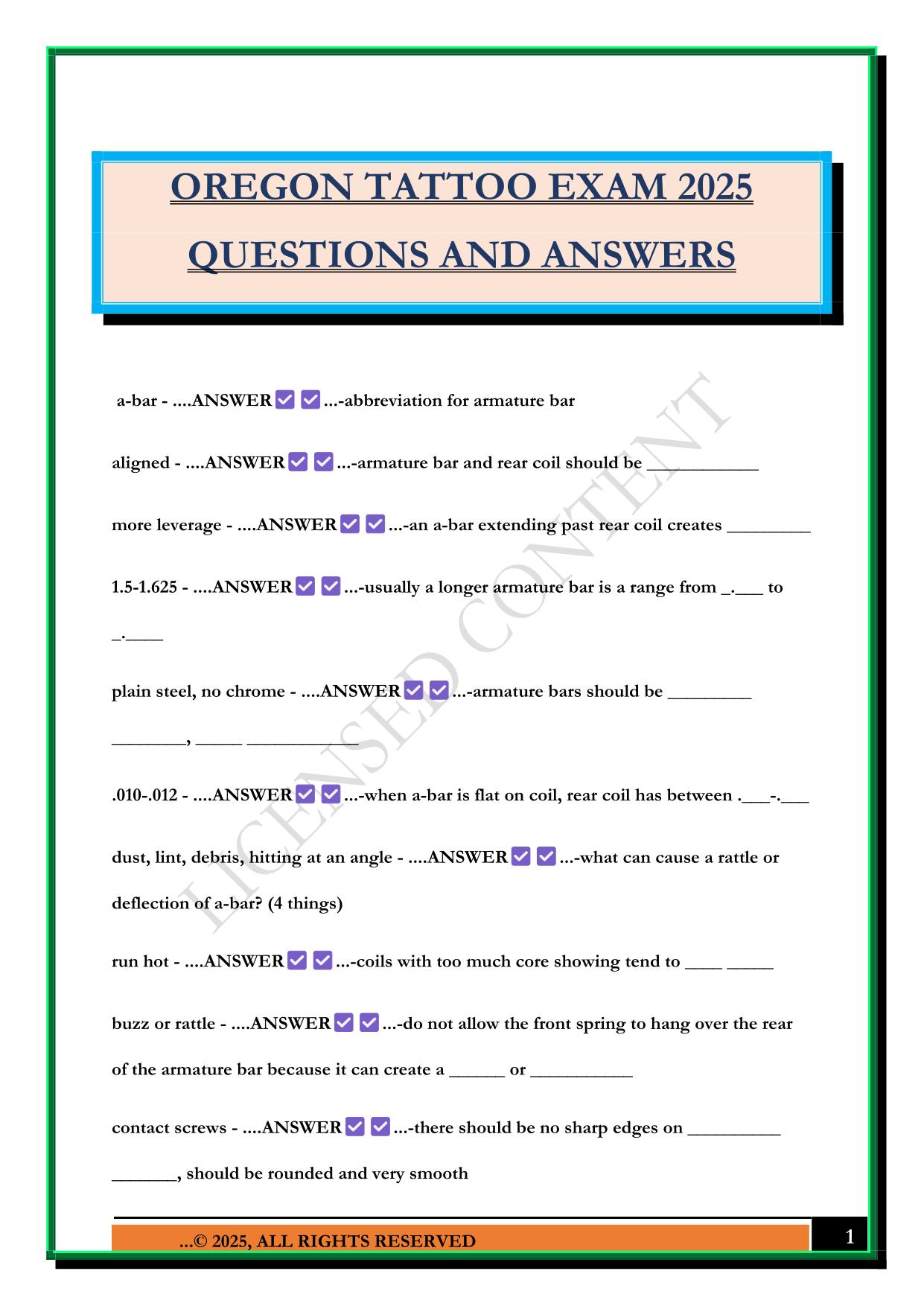 OREGON TATTOO EXAM 2025 QUESTIONS AND ANSWERS