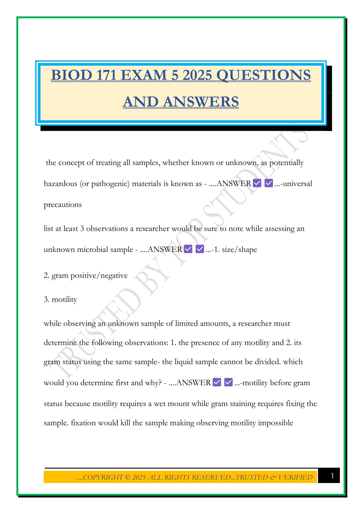 BIOD 171 EXAM 5 2025 QUESTIONS AND ANSWERS