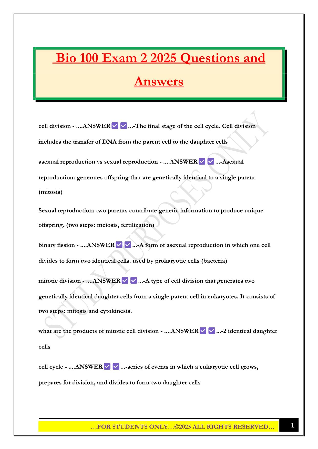 Bio 100 Exam 2 2025 Questions and Answers