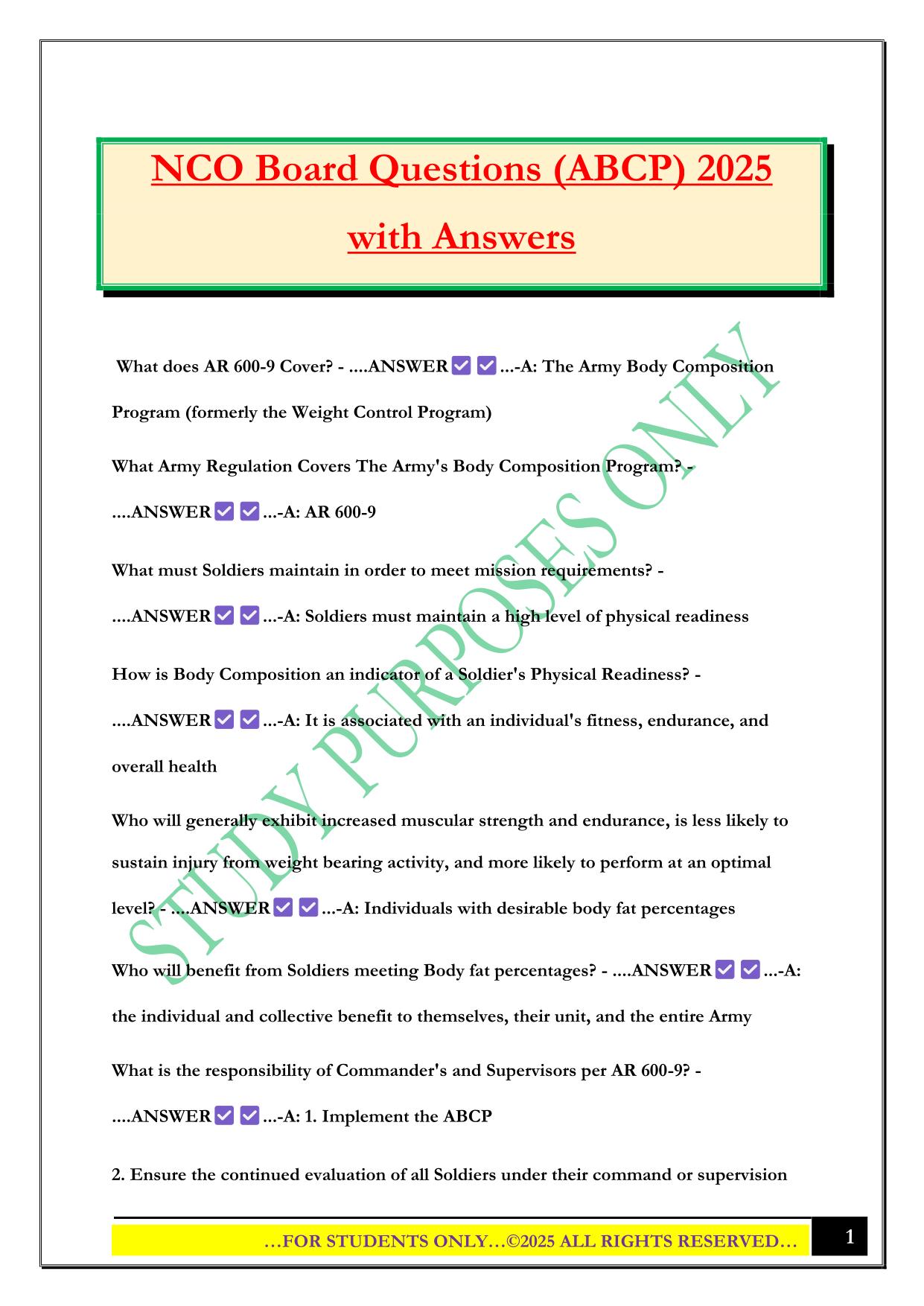 NCO Board Questions (ABCP) 2025 with Answers