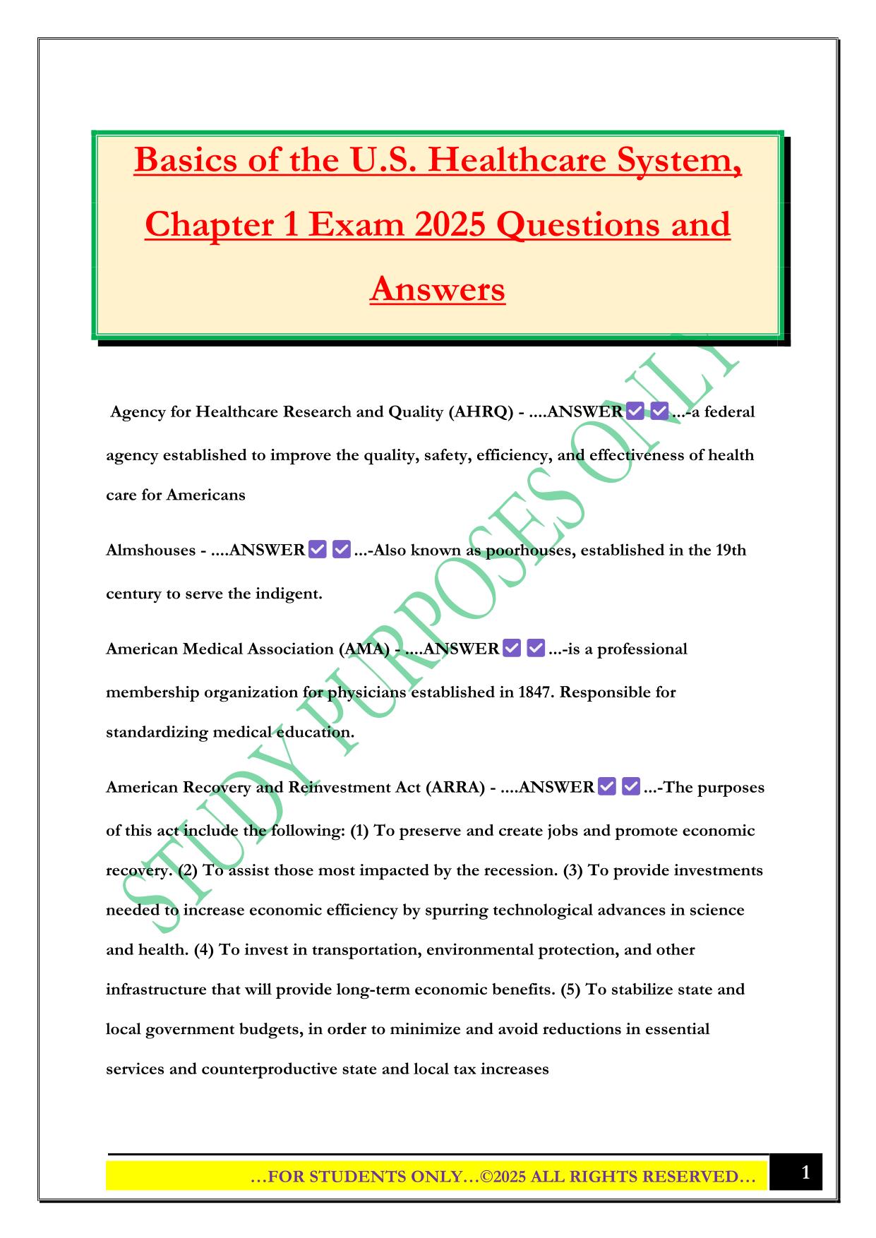 Basics of the U.S. Healthcare System, Chapter 1 Exam 2025 Questions and Answers