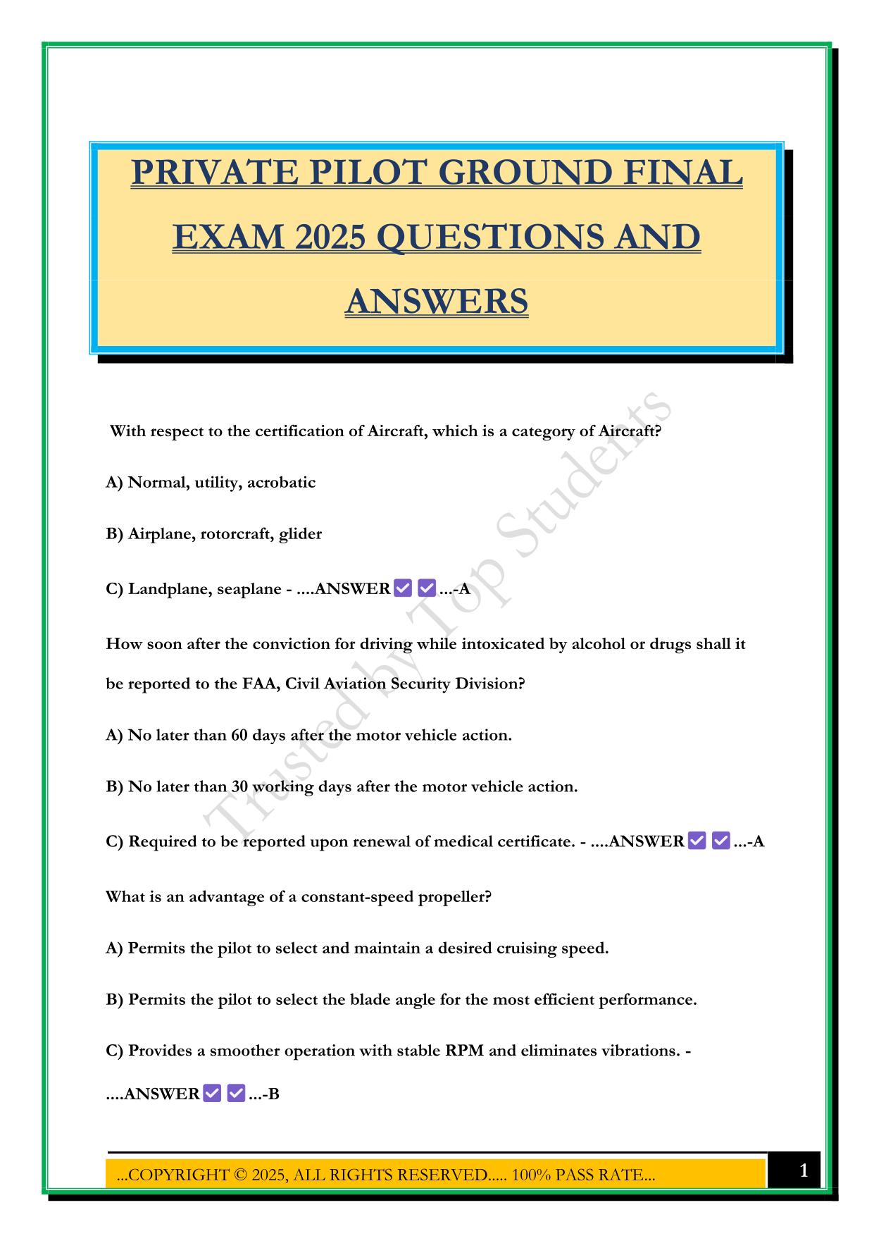 PRIVATE PILOT GROUND FINAL EXAM 2025 QUESTIONS AND ANSWERS