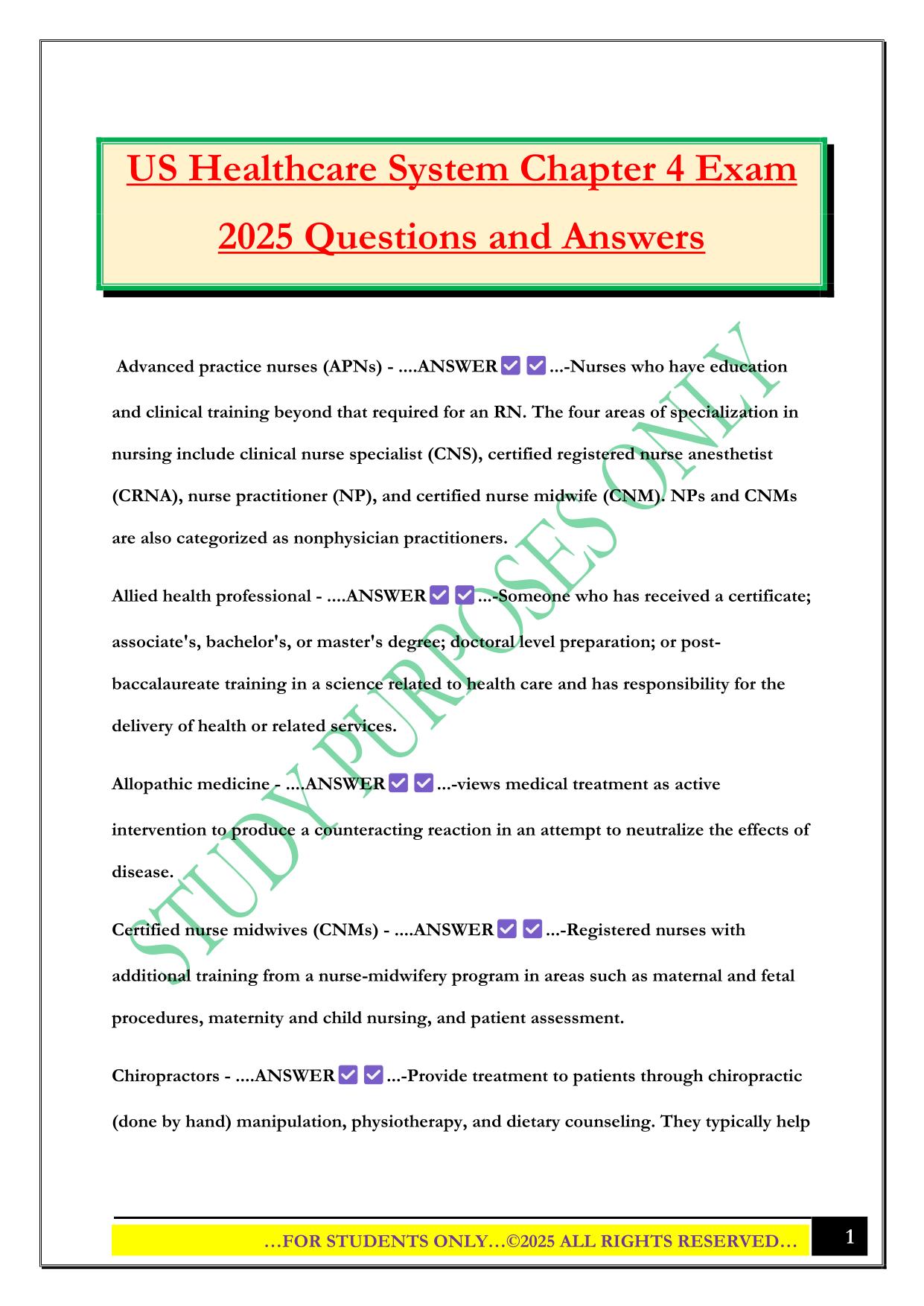 US Healthcare System Chapter 4 Exam 2025 Questions and Answers