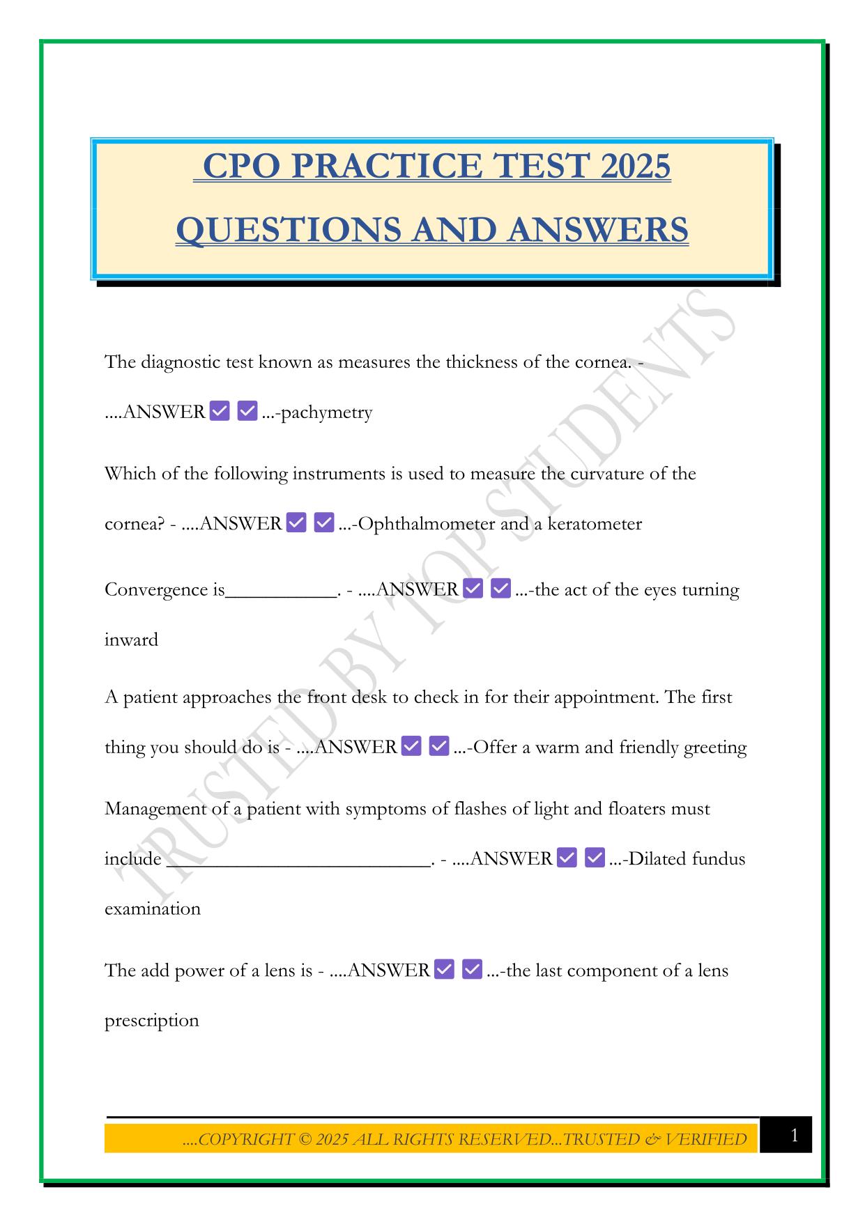 CPO PRACTICE TEST 2025 QUESTIONS AND ANSWERS