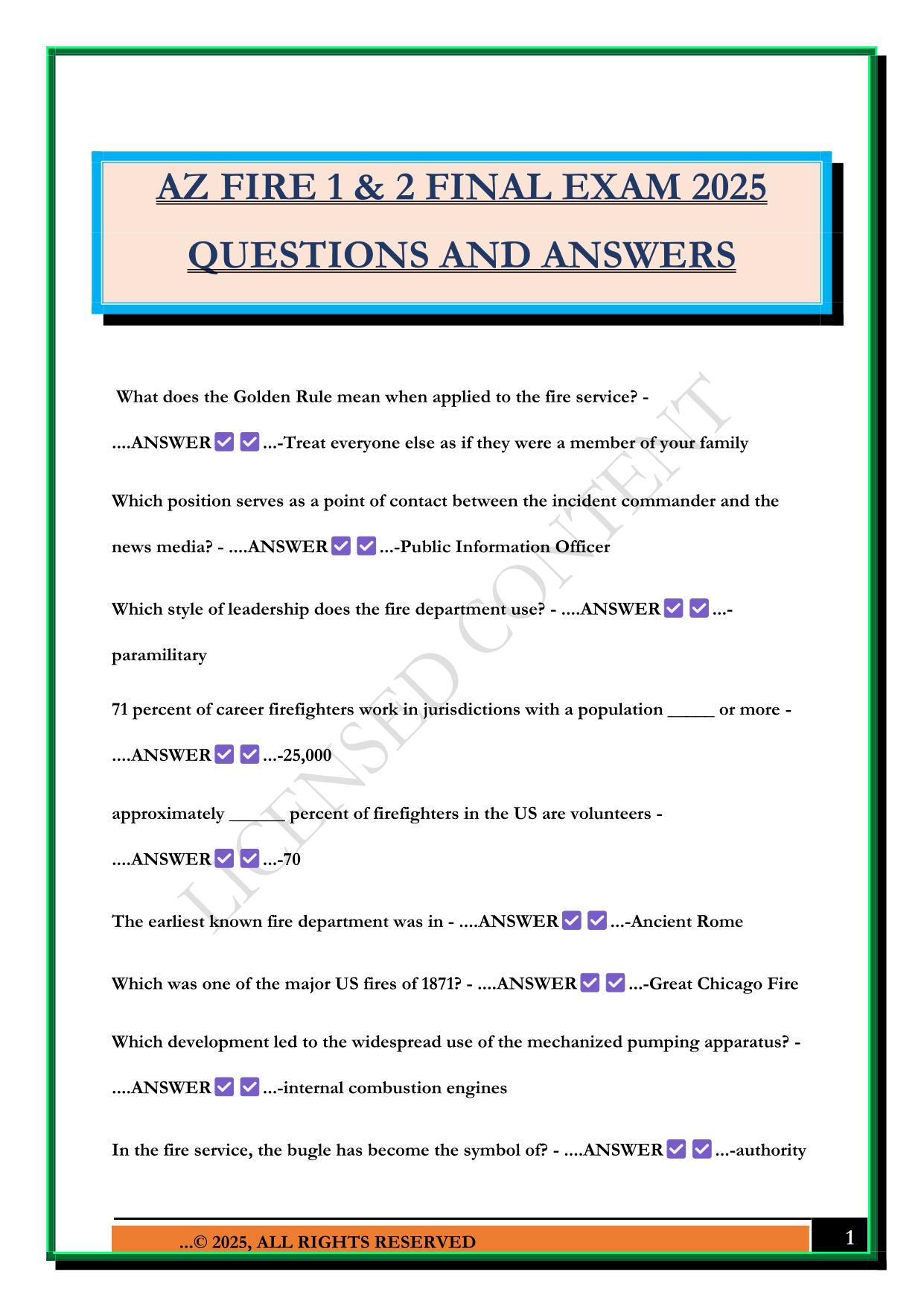 AZ FIRE 1 & 2 FINAL EXAM 2025 QUESTIONS AND ANSWERS