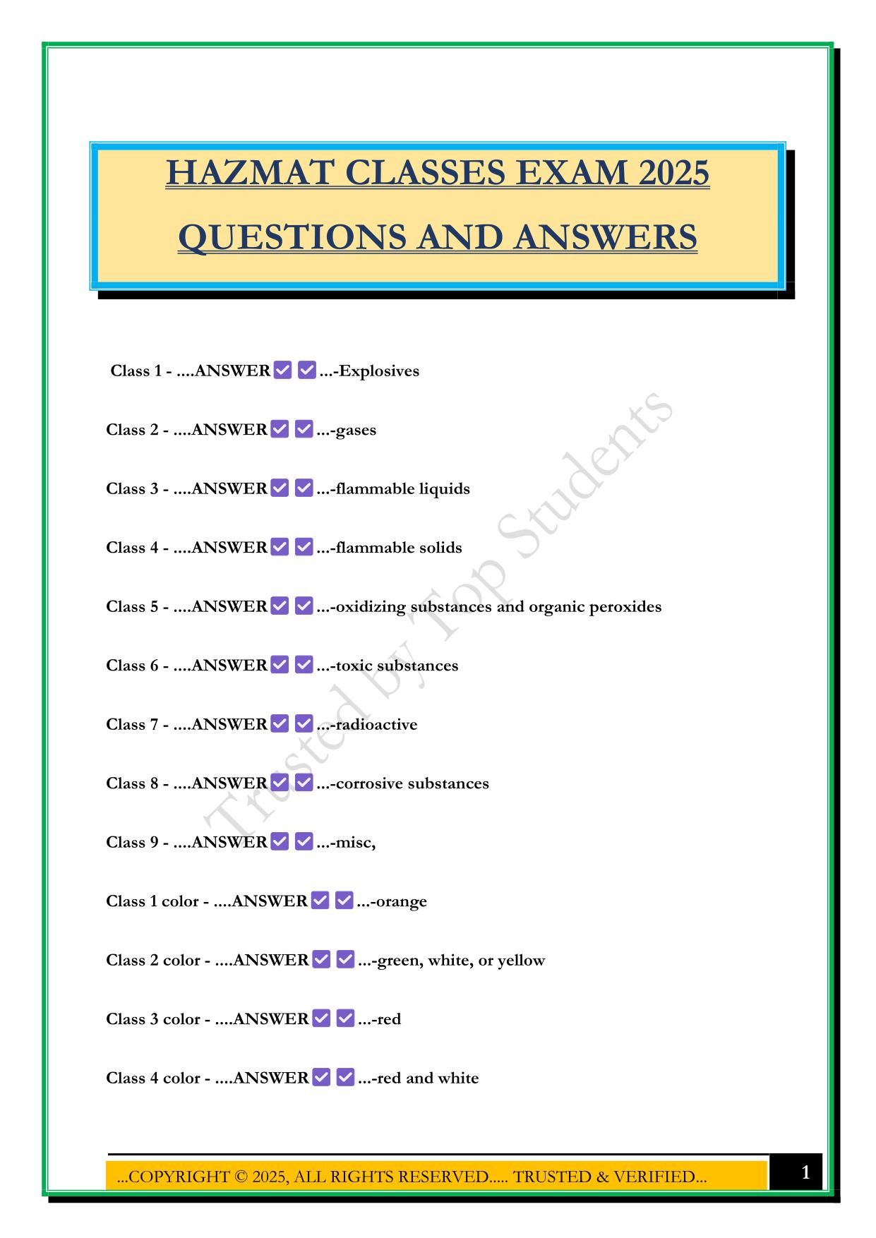 HAZMAT CLASSES EXAM 2025 QUESTIONS AND ANSWERS