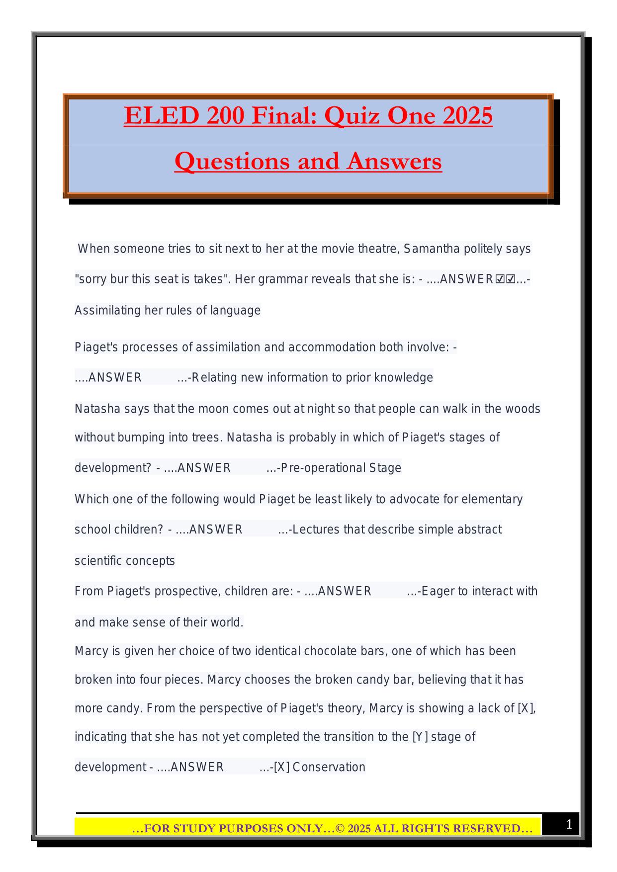 ELED 200 Final: Quiz One 2025 Questions and Answers