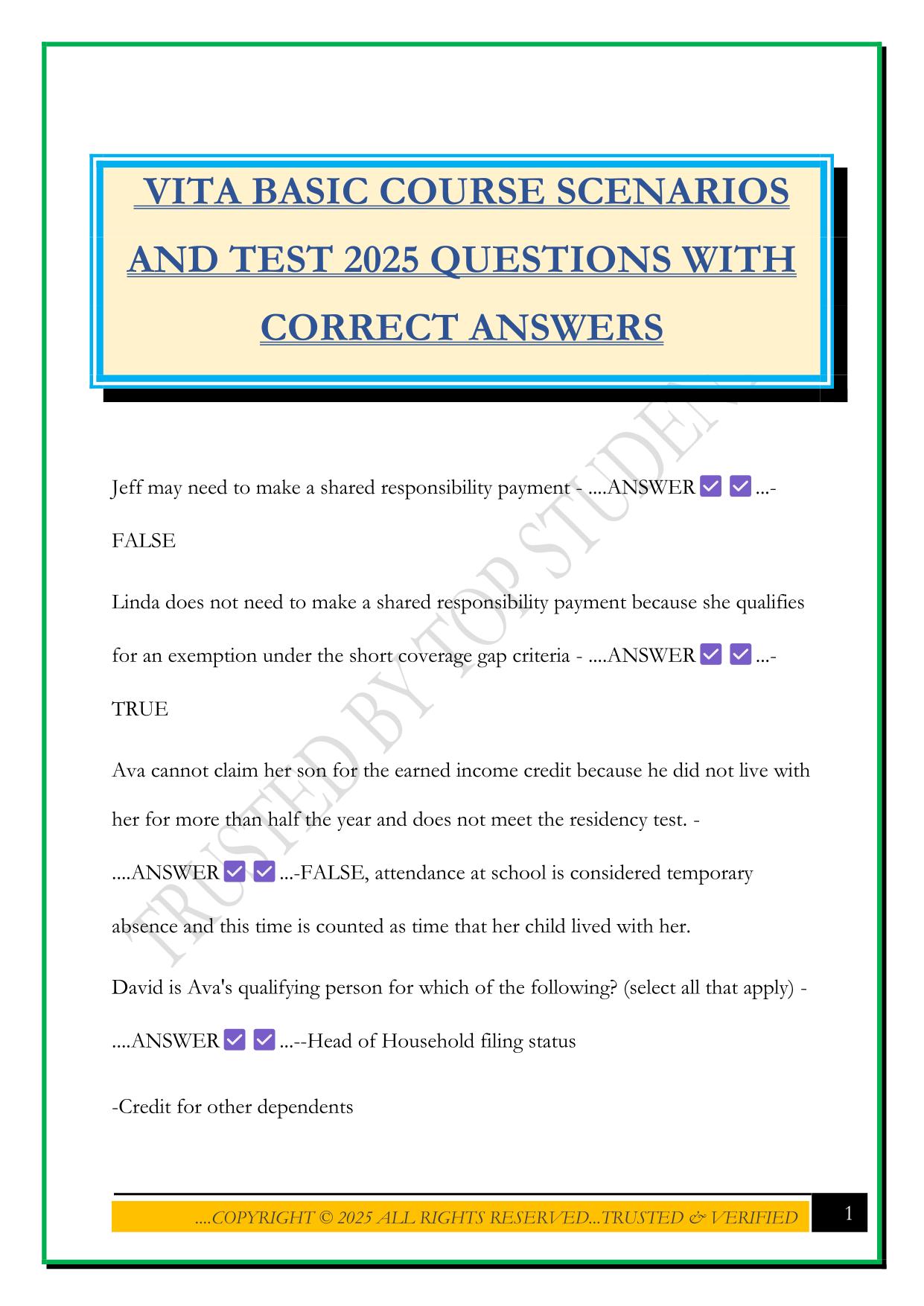 VITA BASIC COURSE SCENARIOS AND TEST 2025 QUESTIONS WITH CORRECT ANSWERS