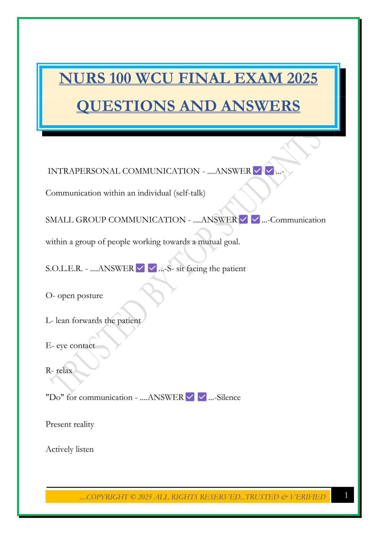 NURS 100 WCU FINAL EXAM 2025 QUESTIONS AND ANSWERS