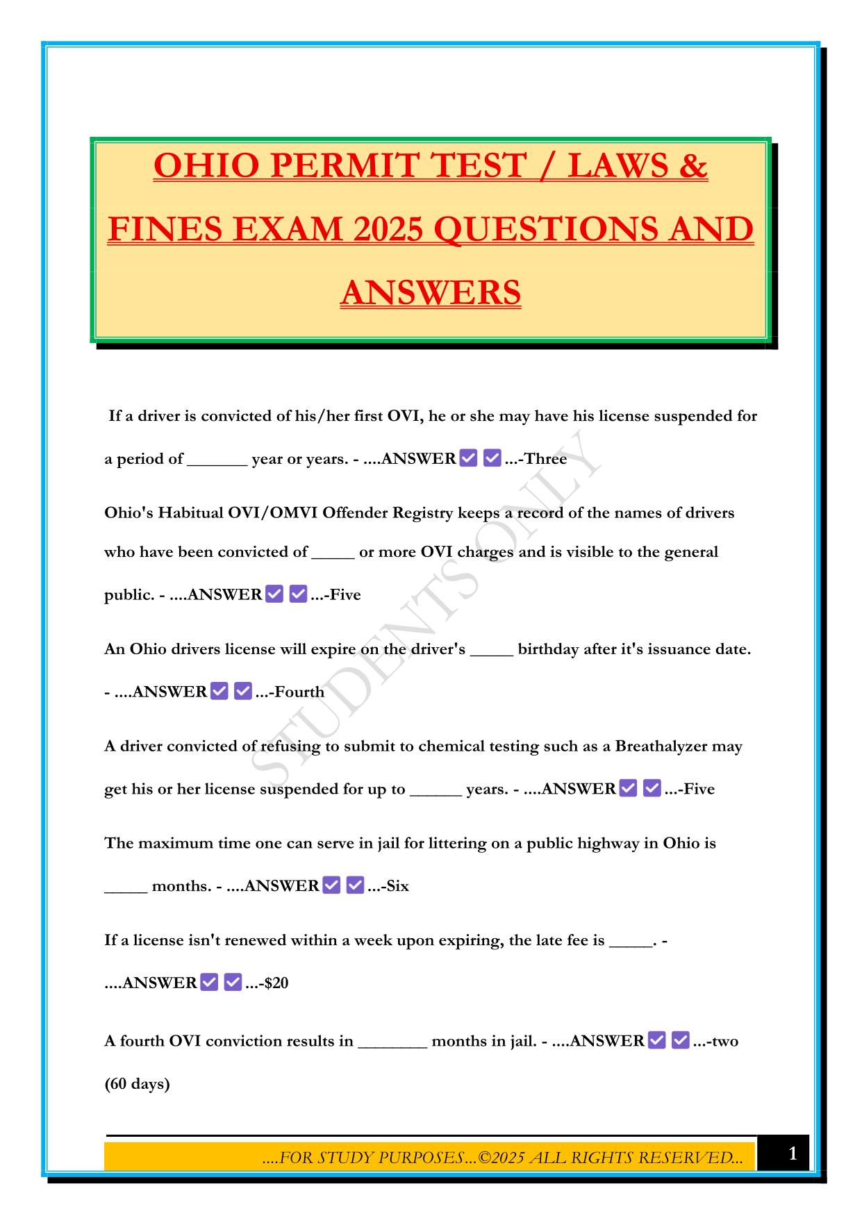 OHIO PERMIT TEST / LAWS & FINES EXAM 2025 QUESTIONS AND ANSWERS