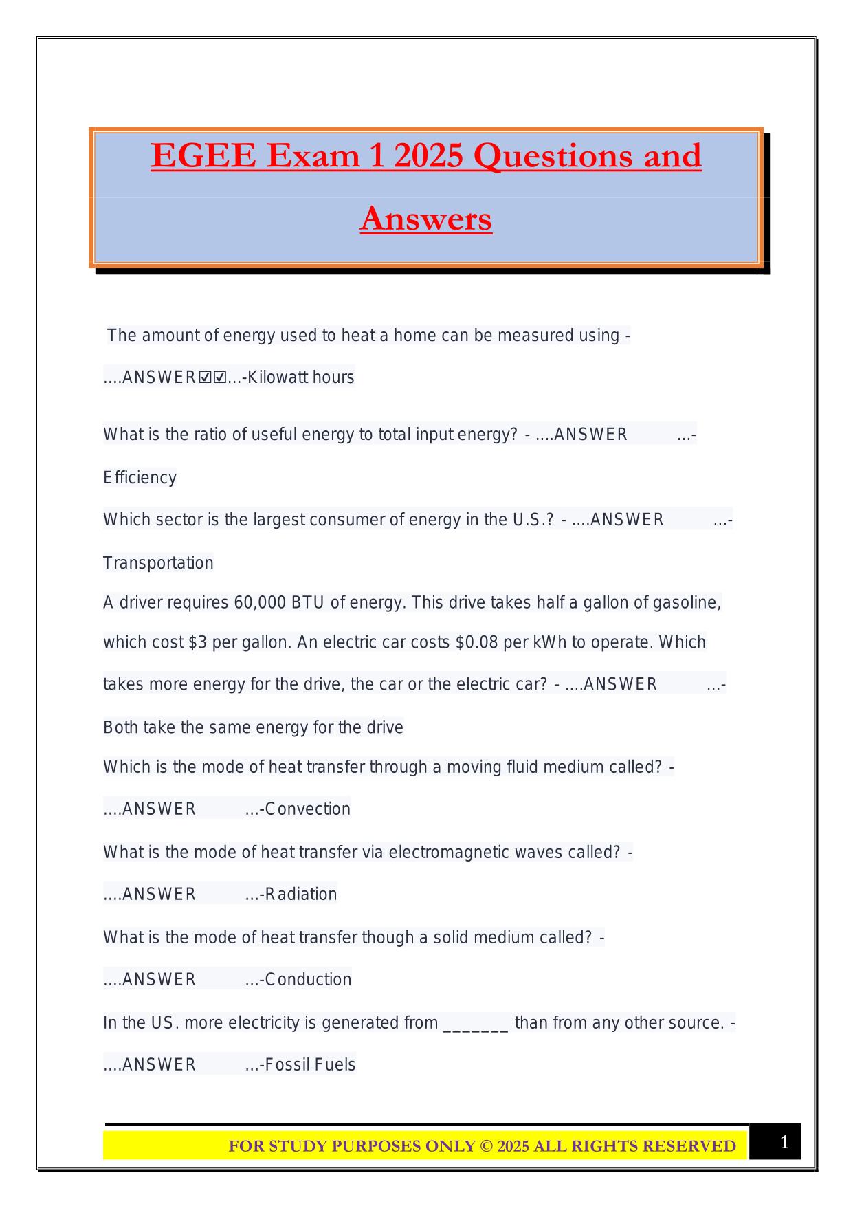 EGEE Exam 1 2025 Questions and Answers