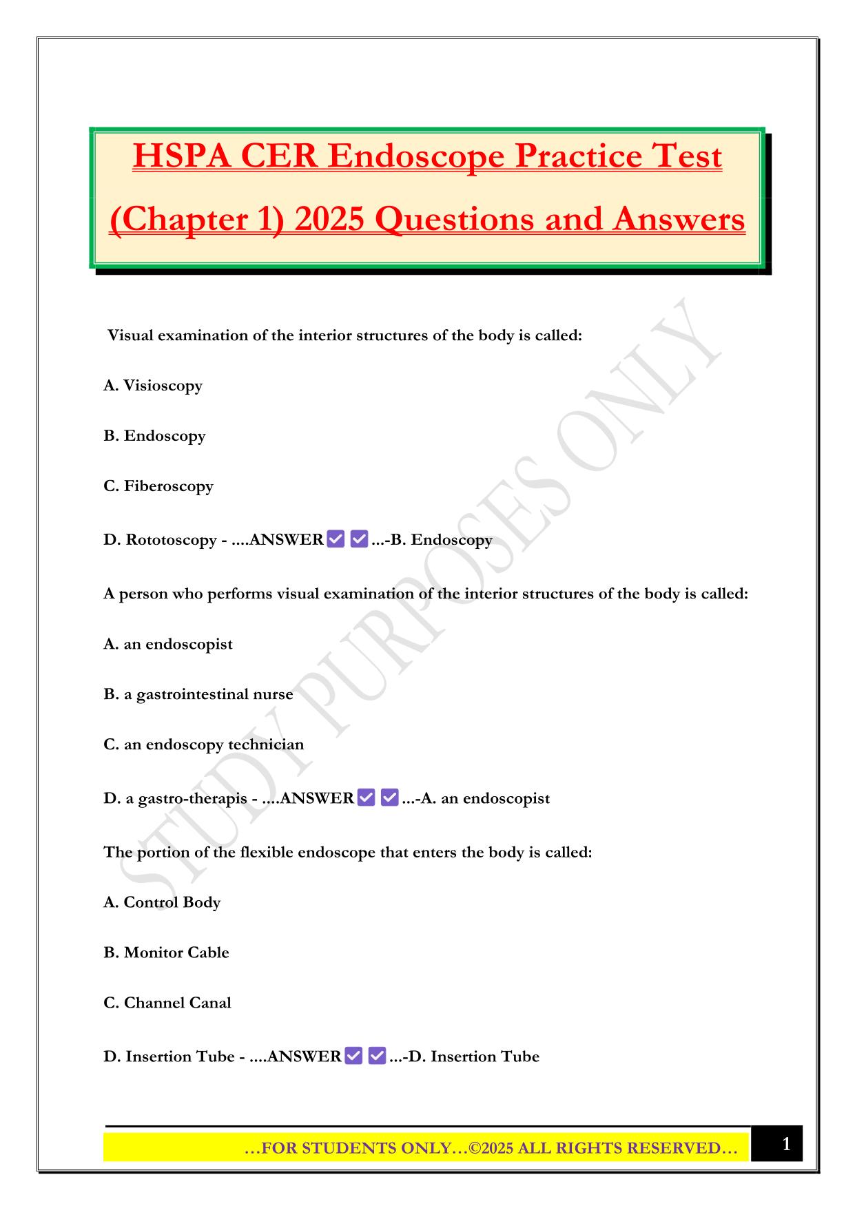 HSPA CER Endoscope Practice Test (Chapter 1) 2025 Questions and Answers