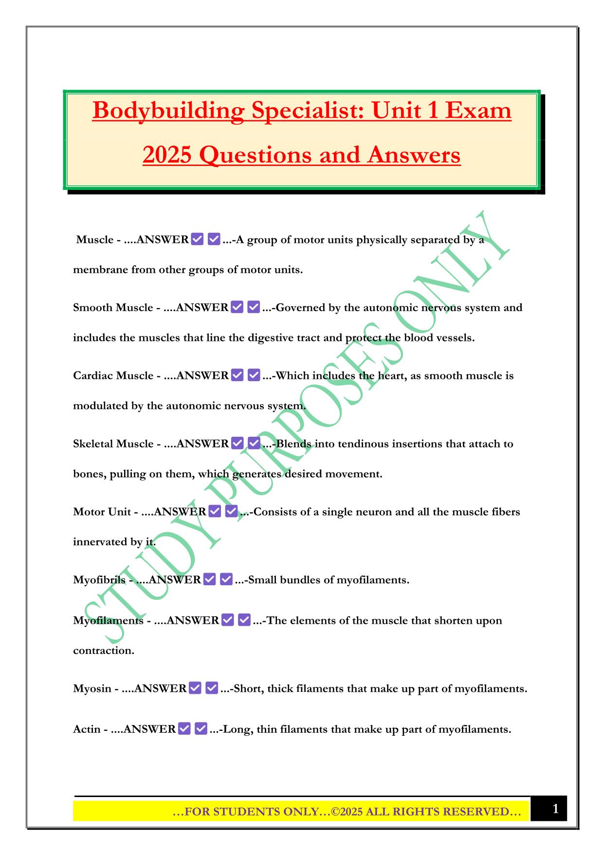 Bodybuilding Specialist: Unit 1 Exam 2025 Questions and Answers