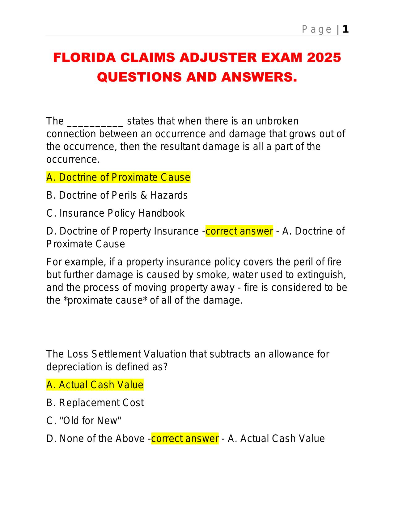 FLORIDA CLAIMS ADJUSTER EXAM 2025 QUESTIONS AND ANSWERS.