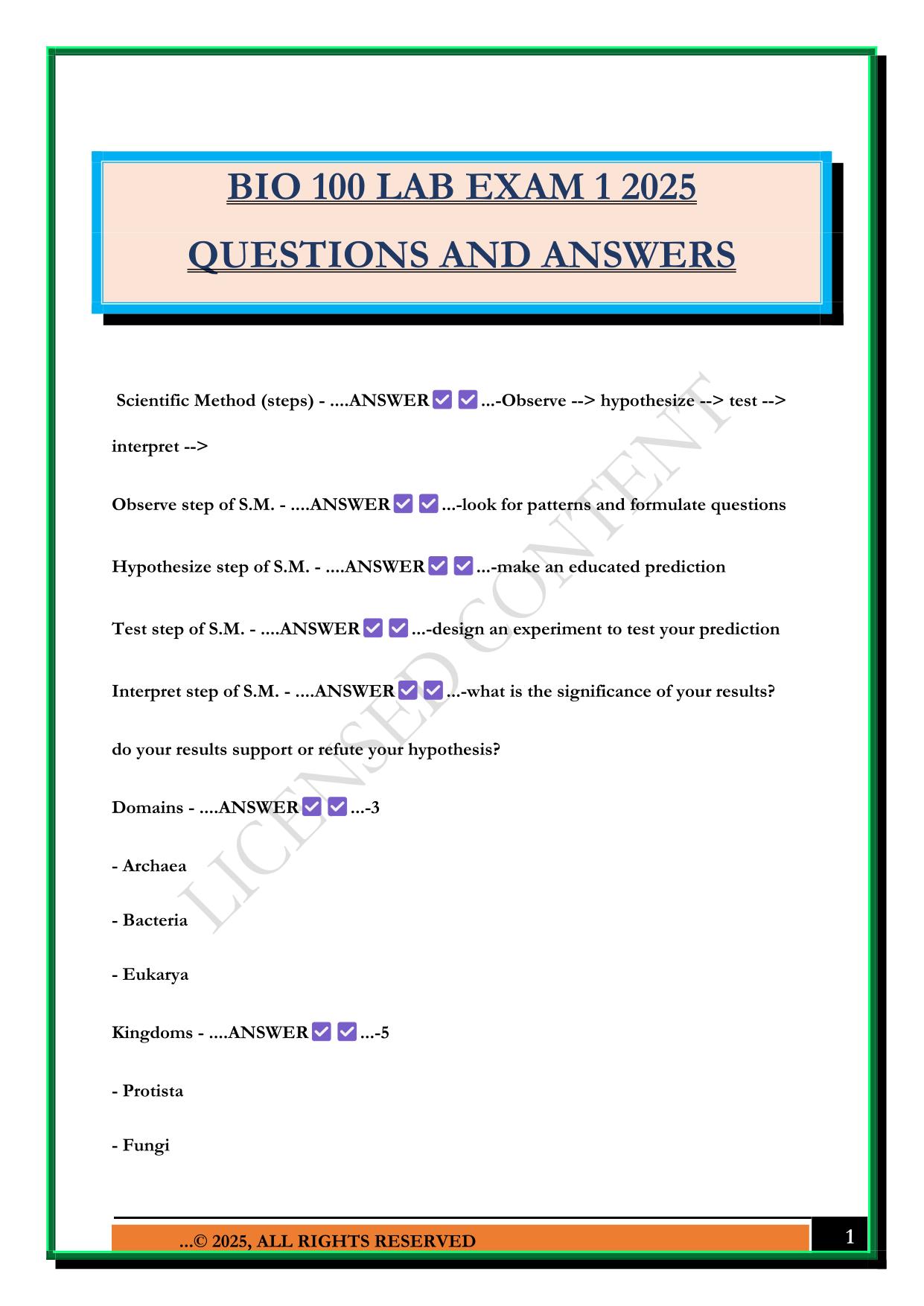 BIO 100 LAB EXAM 1 2025 QUESTIONS AND ANSWERS