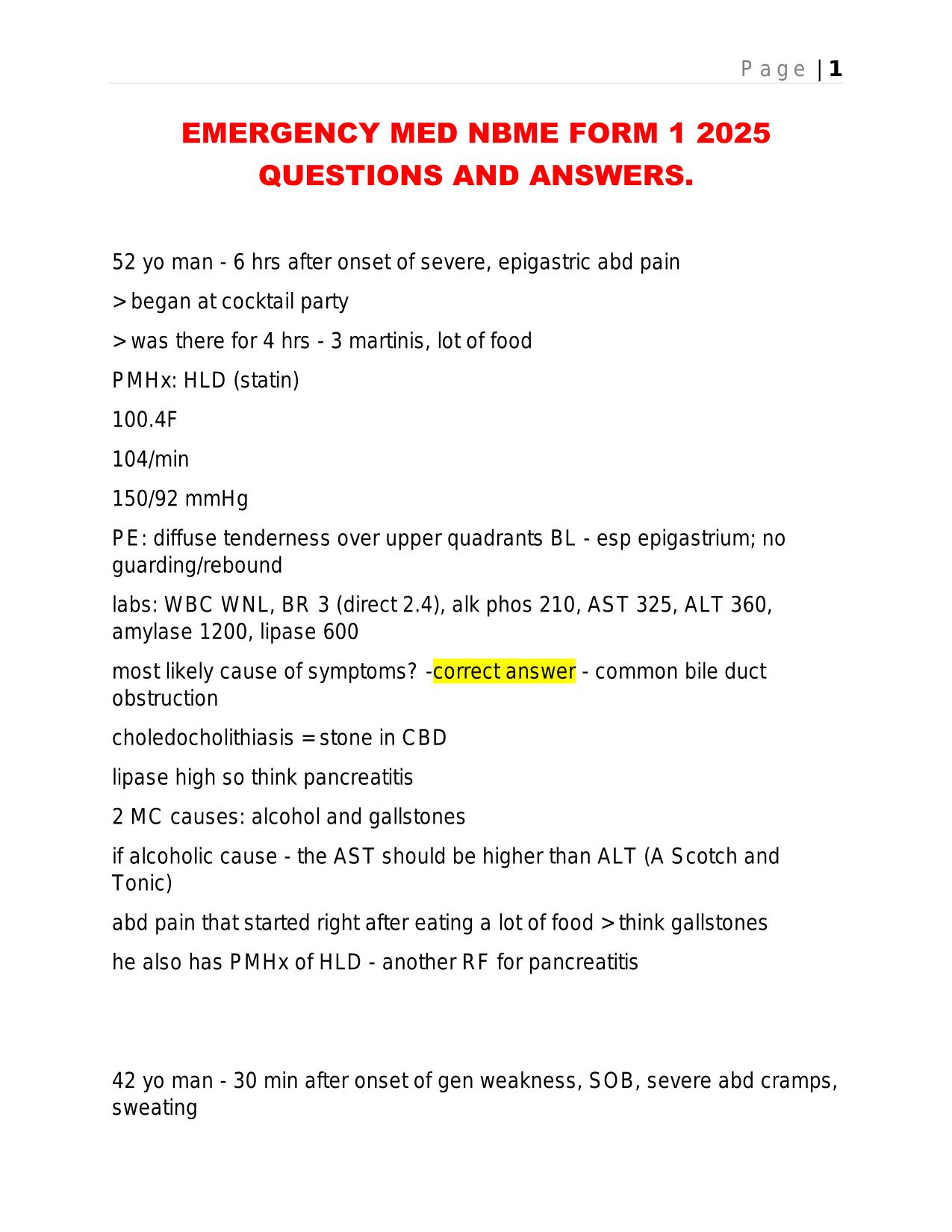 EMERGENCY MED NBME FORM 1 2025 QUESTIONS AND ANSWERS.