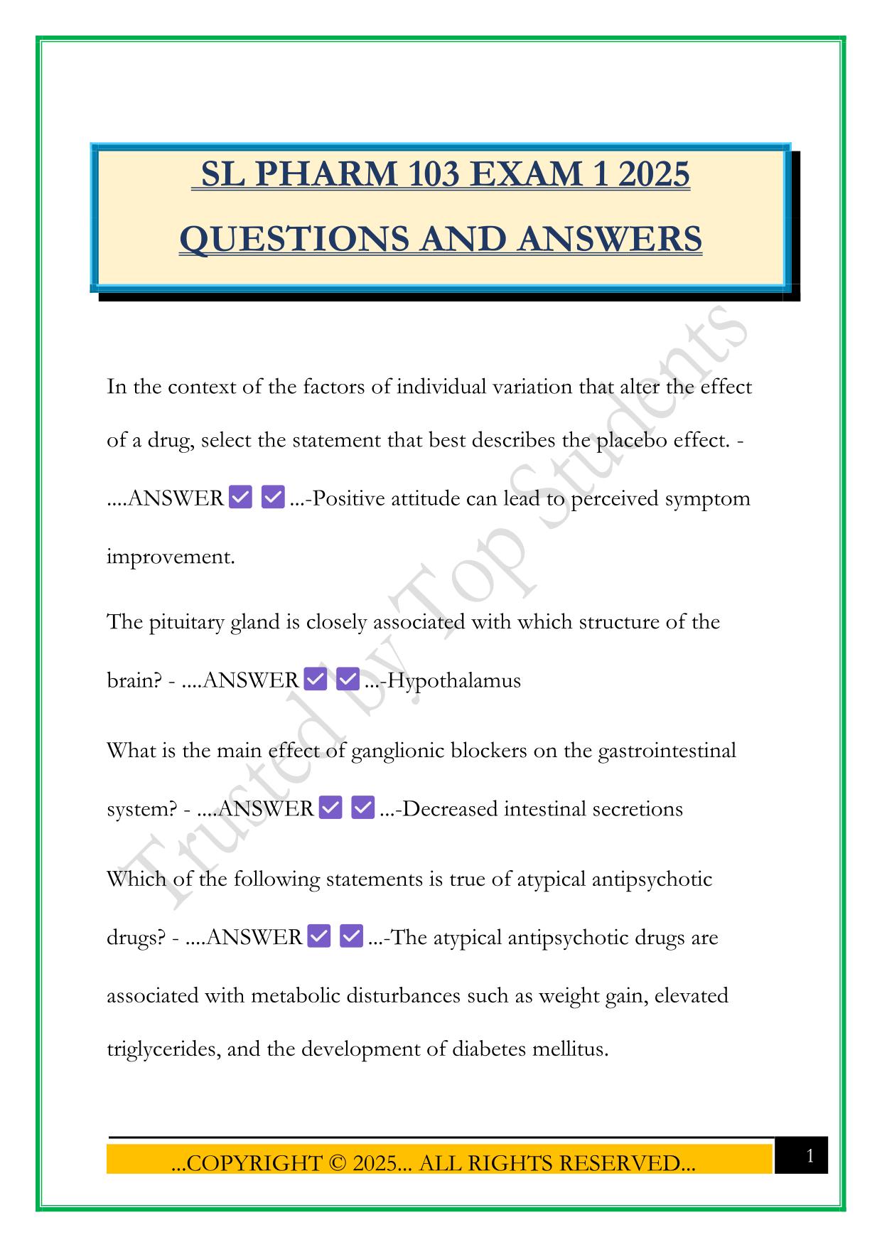 SL PHARM 103 EXAM 1 2025 QUESTIONS AND ANSWERS