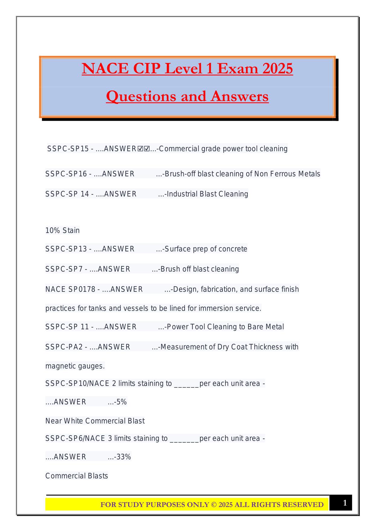 NACE CIP Level 1 Exam 2025 Questions and Answers