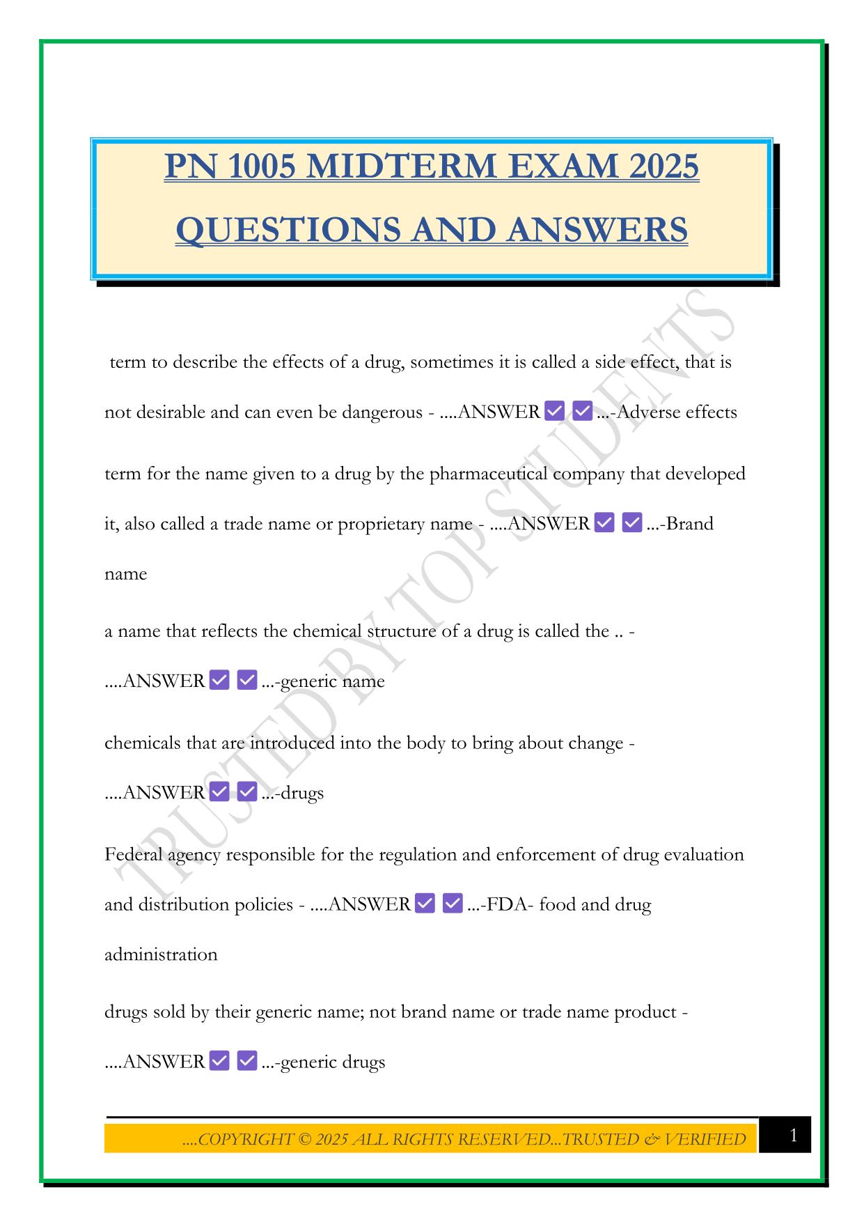PN 1005 MIDTERM EXAM 2025 QUESTIONS AND ANSWERS