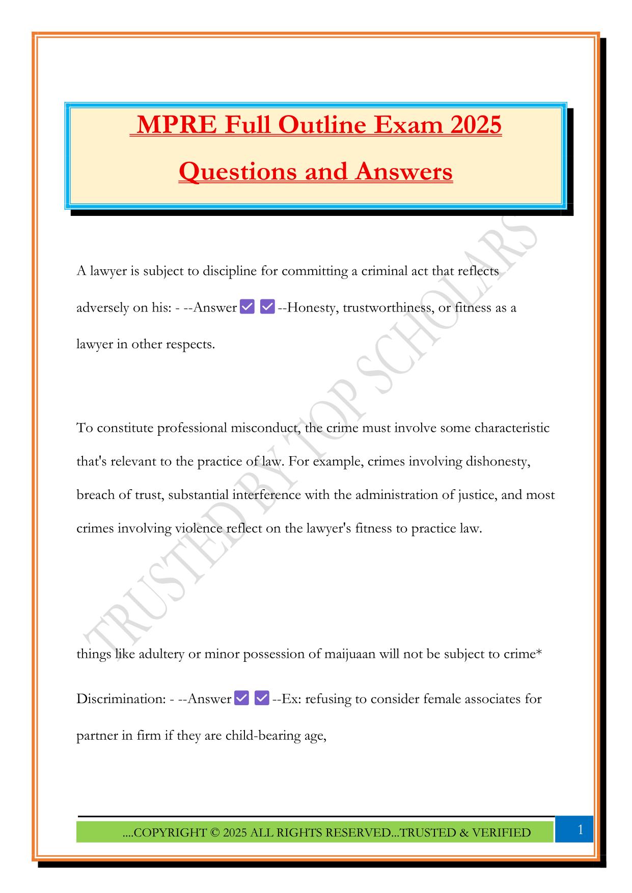 MPRE Full Outline Exam 2025 Questions and Answers