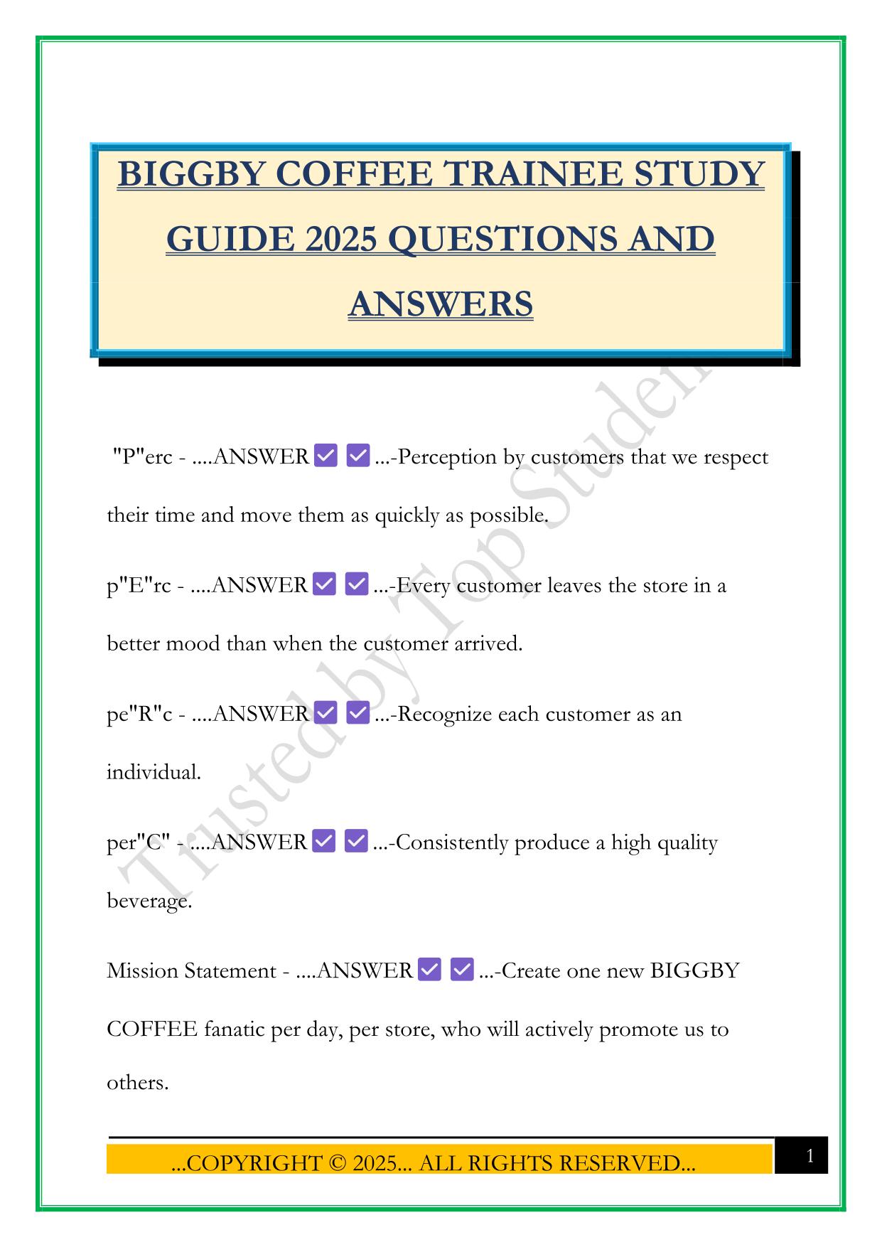 BIGGBY COFFEE TRAINEE STUDY GUIDE 2025 QUESTIONS AND ANSWERS