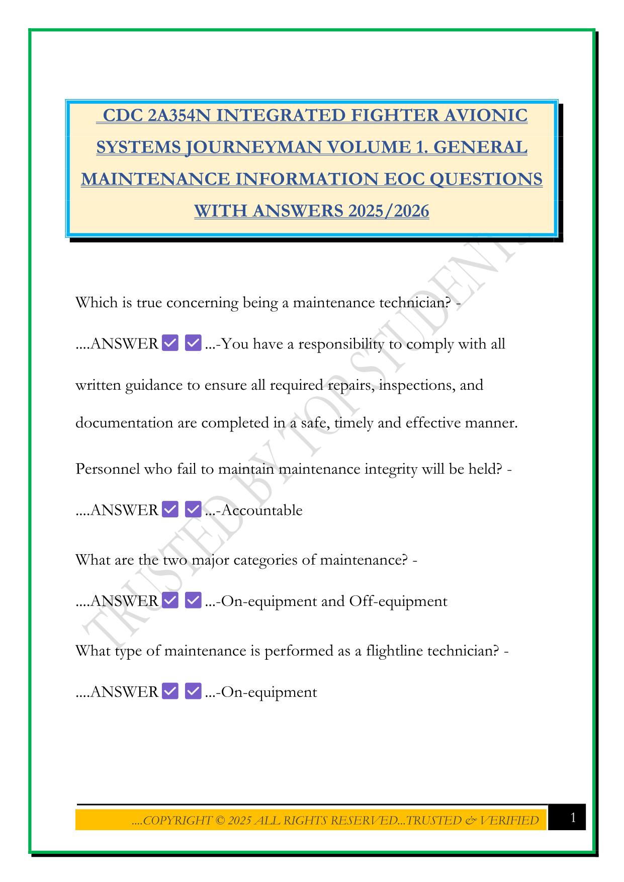 CDC 2A354N INTEGRATED FIGHTER AVIONIC SYSTEMS JOURNEYMAN VOLUME 1. GENERAL MAINTENANCE INFORMATION EOC QUESTIONS WITH ANSWERS 2025/2026