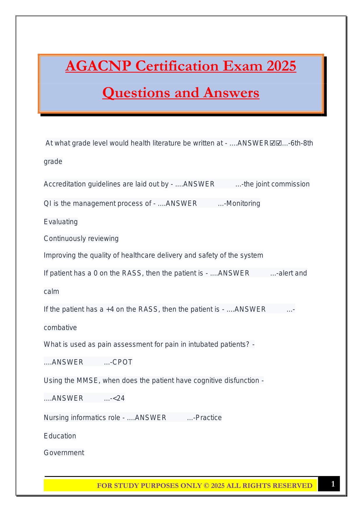 AGACNP Certification Exam 2025 Questions and Answers